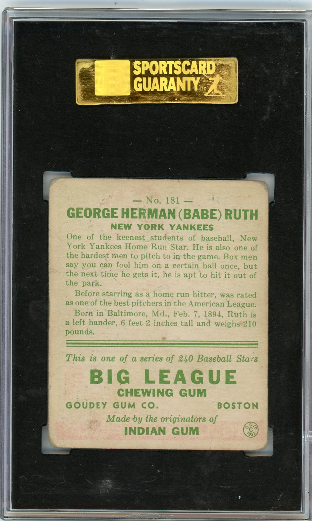 1933 Goudey Babe Ruth #181 SGC 2