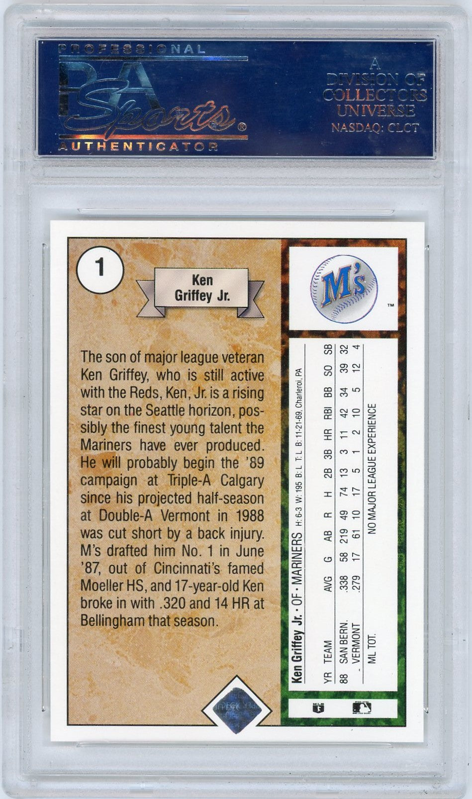 1989 Upper Deck Ken Griffey JR. #1 Star Rookie PSA 10
