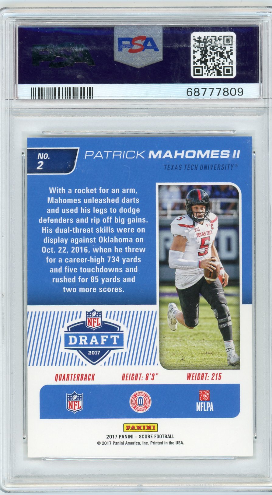 2017 Panini Score NFL Draft Patrick Mahomes II #2 PSA 9