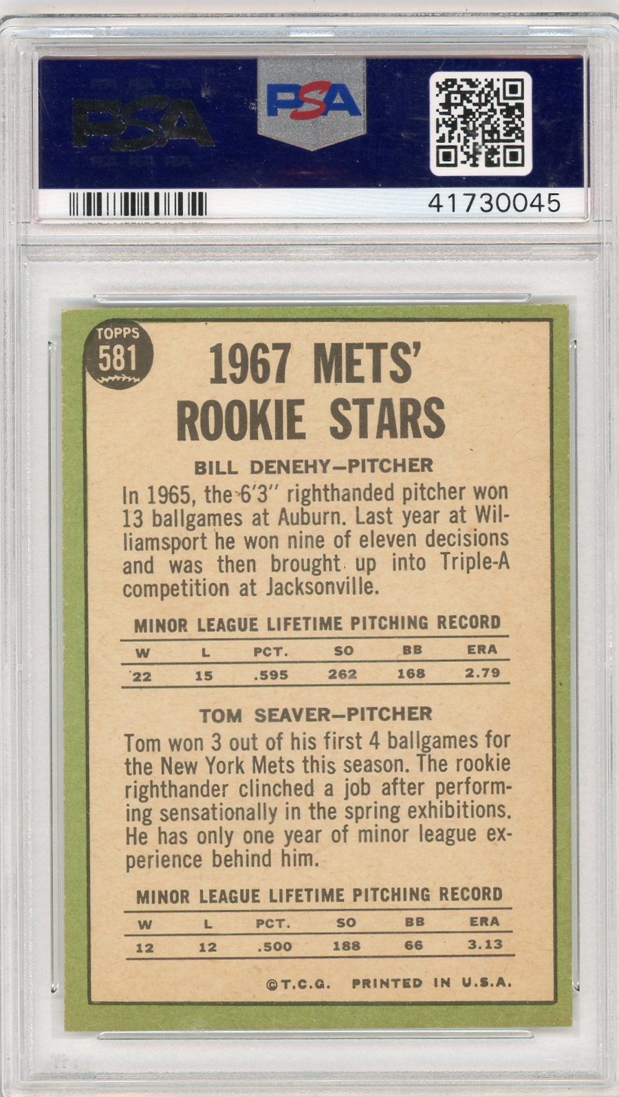 1967 Topps Mets Rookies #581 B. Denehy T. Seaver PSA 7