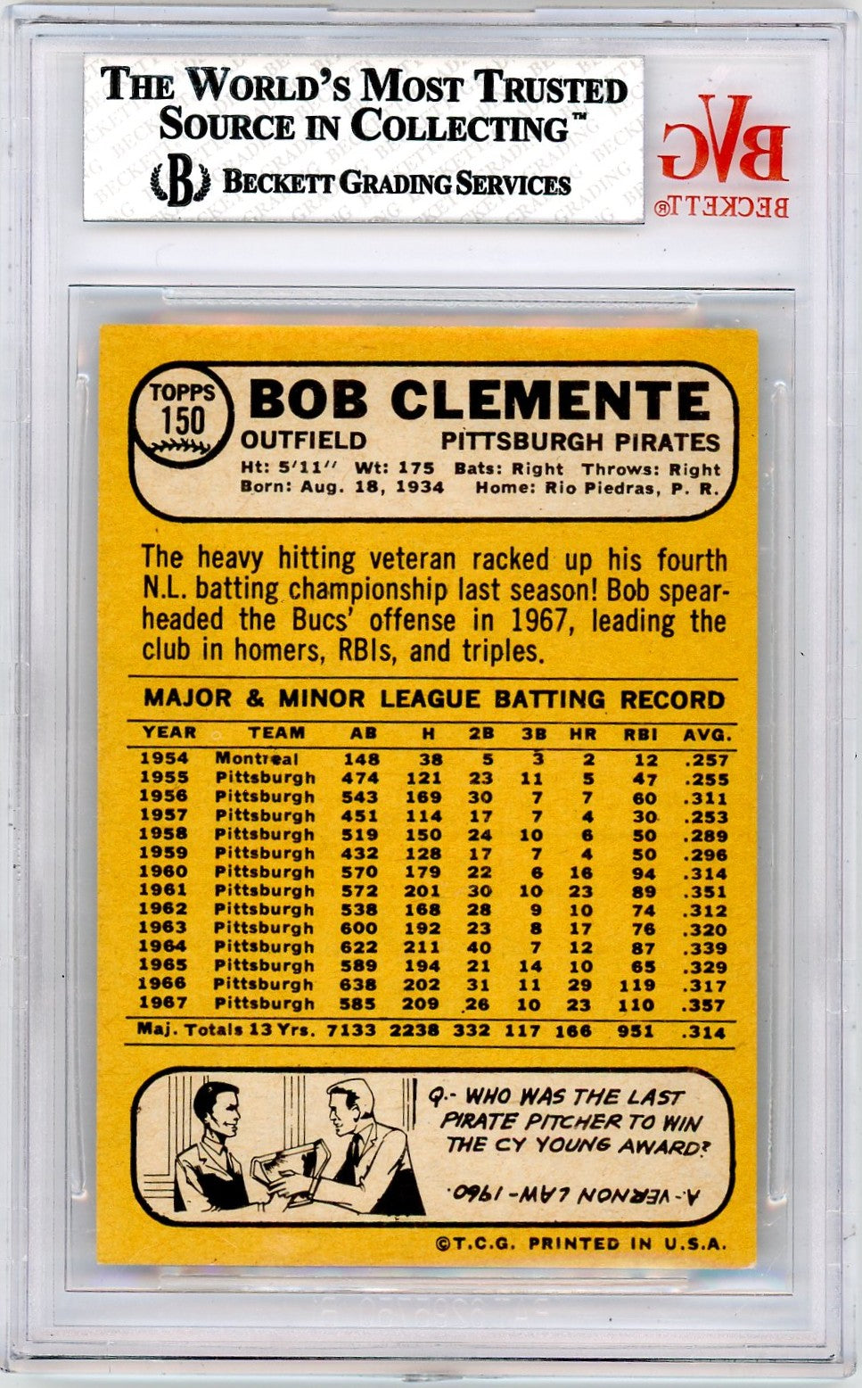 1968 Topps Roberto Clemente #150 BVG 8