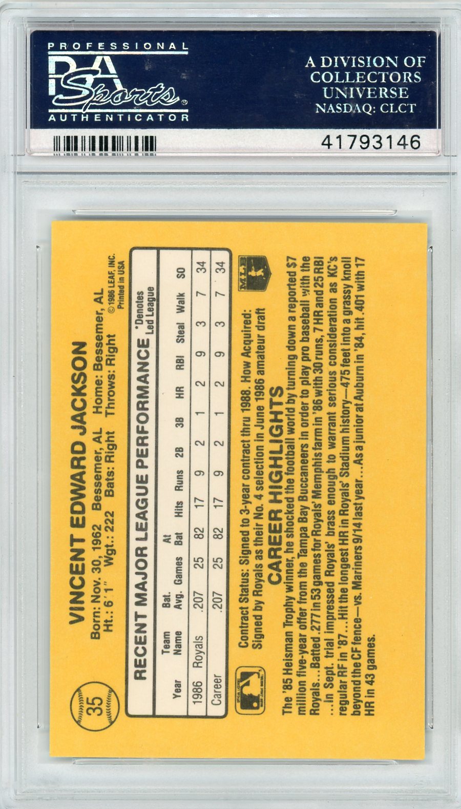 1987 Donruss Bo Jackson #35 PSA 10