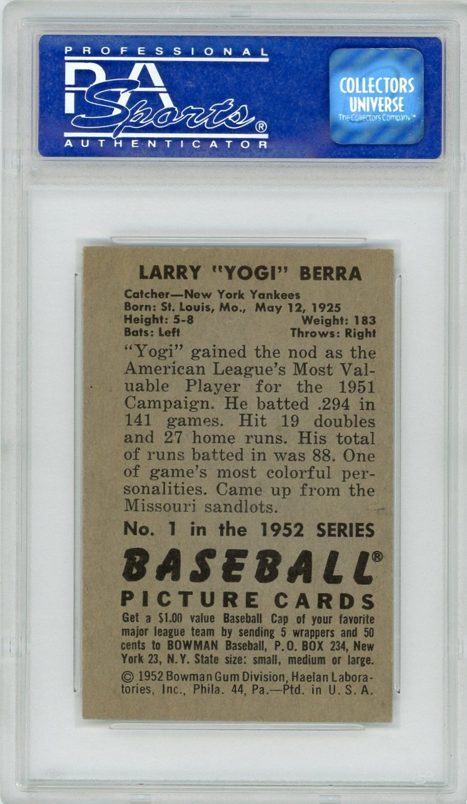 1952 Bowman Yogi Berra #1 PSA 6