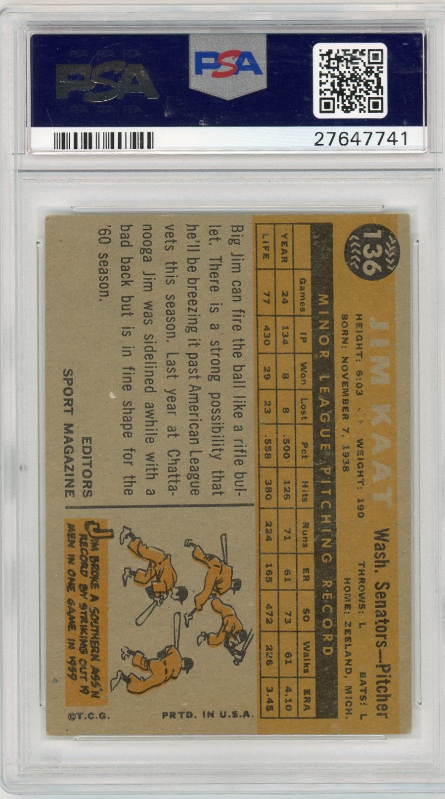 1960 Topps Jim Kaat #136 Rookie Star PSA 4