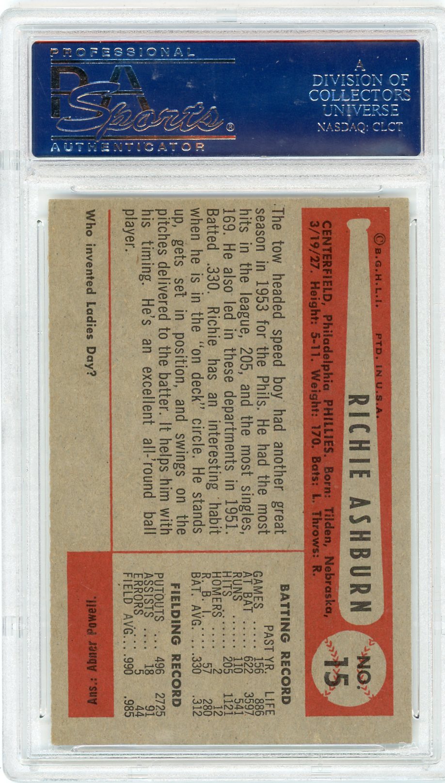 1954 Bowman Richie Ashburn #15 PSA 6