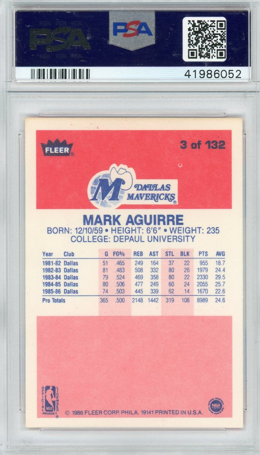 1986 Fleer Mark Aguirre #3 PSA 9