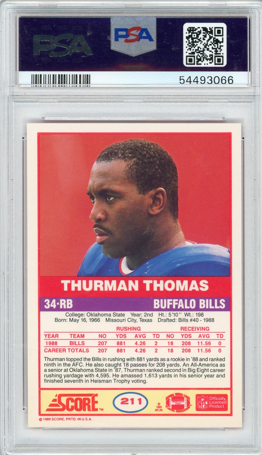 1989 Score Thurman Thomas #211 PSA 10