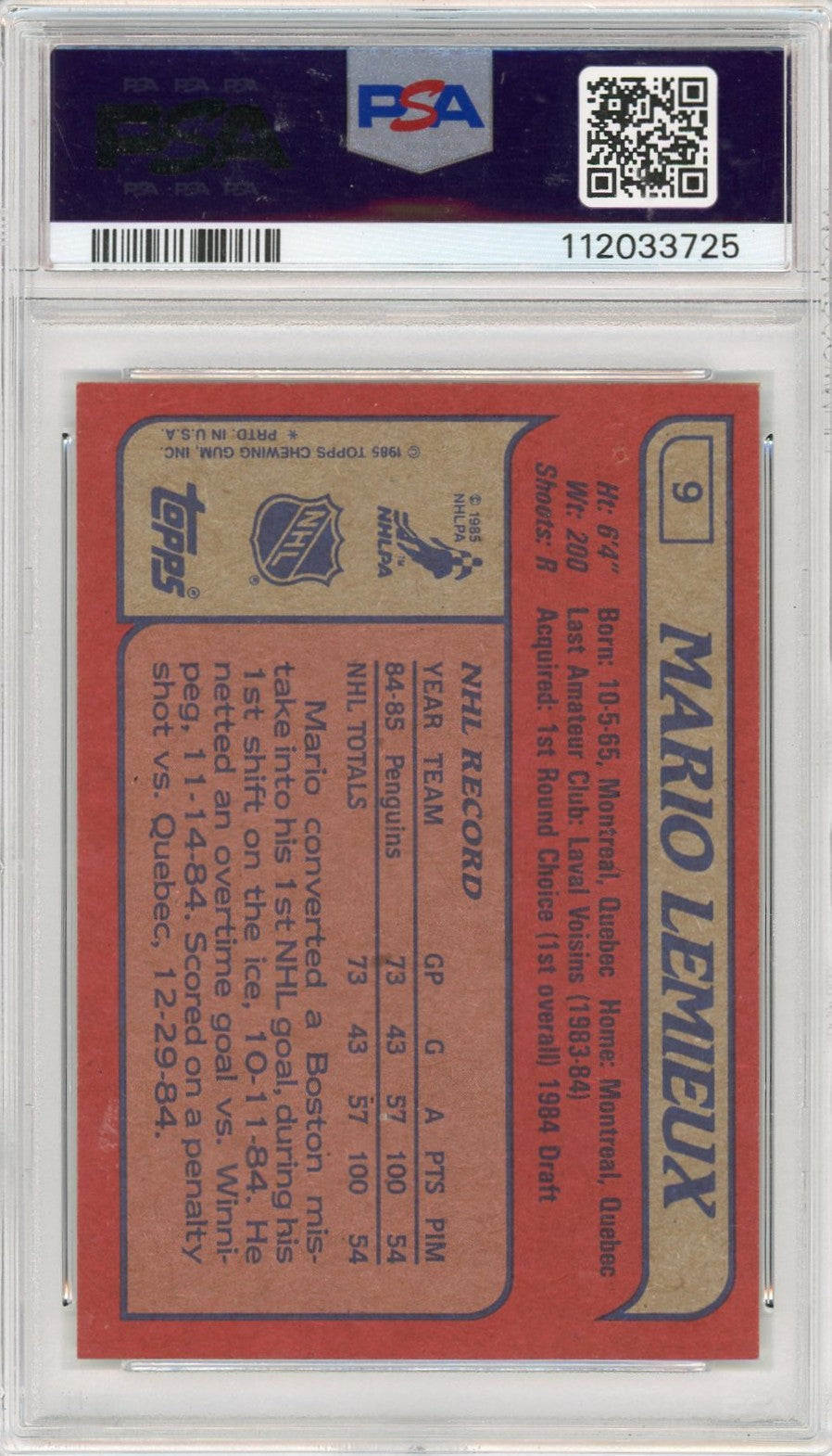 1985 Topps Mario Lemieux #9 PSA 8
