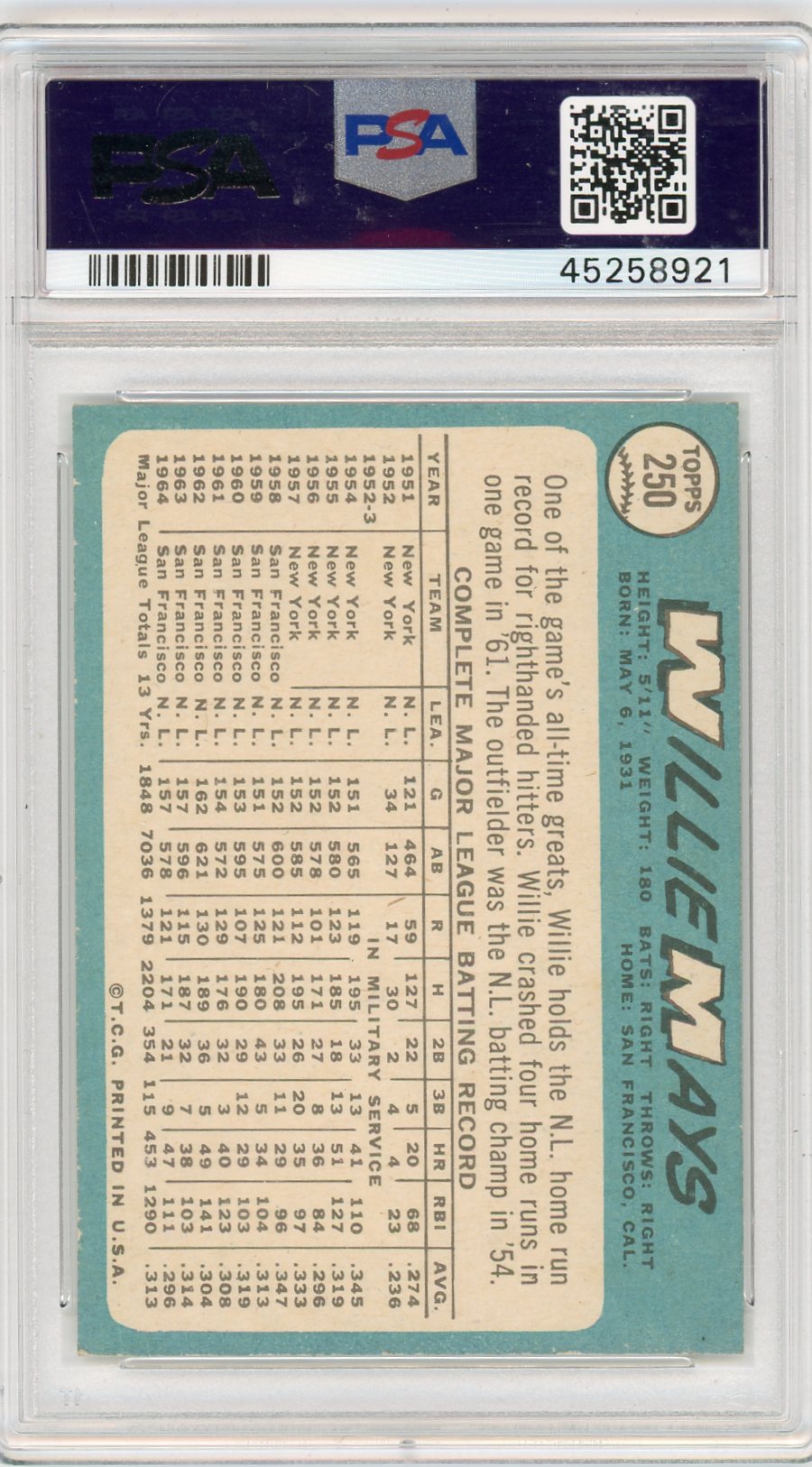 1965 Topps Willie Mays #250 PSA 6