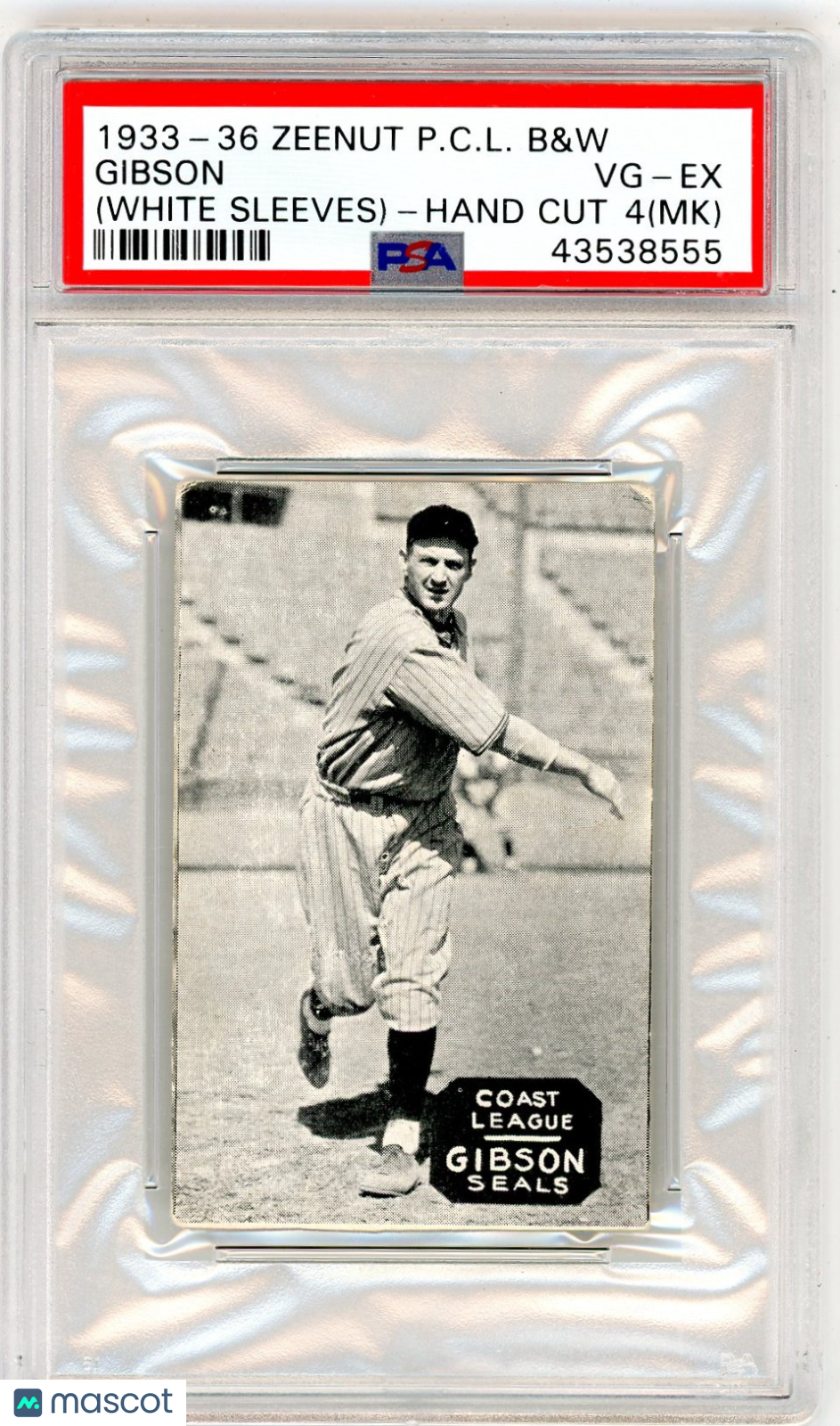 1933-36 Zeenut Pacific Coast League B&W Gibson (White Sleeves) Hand Cut PSA 4 MK