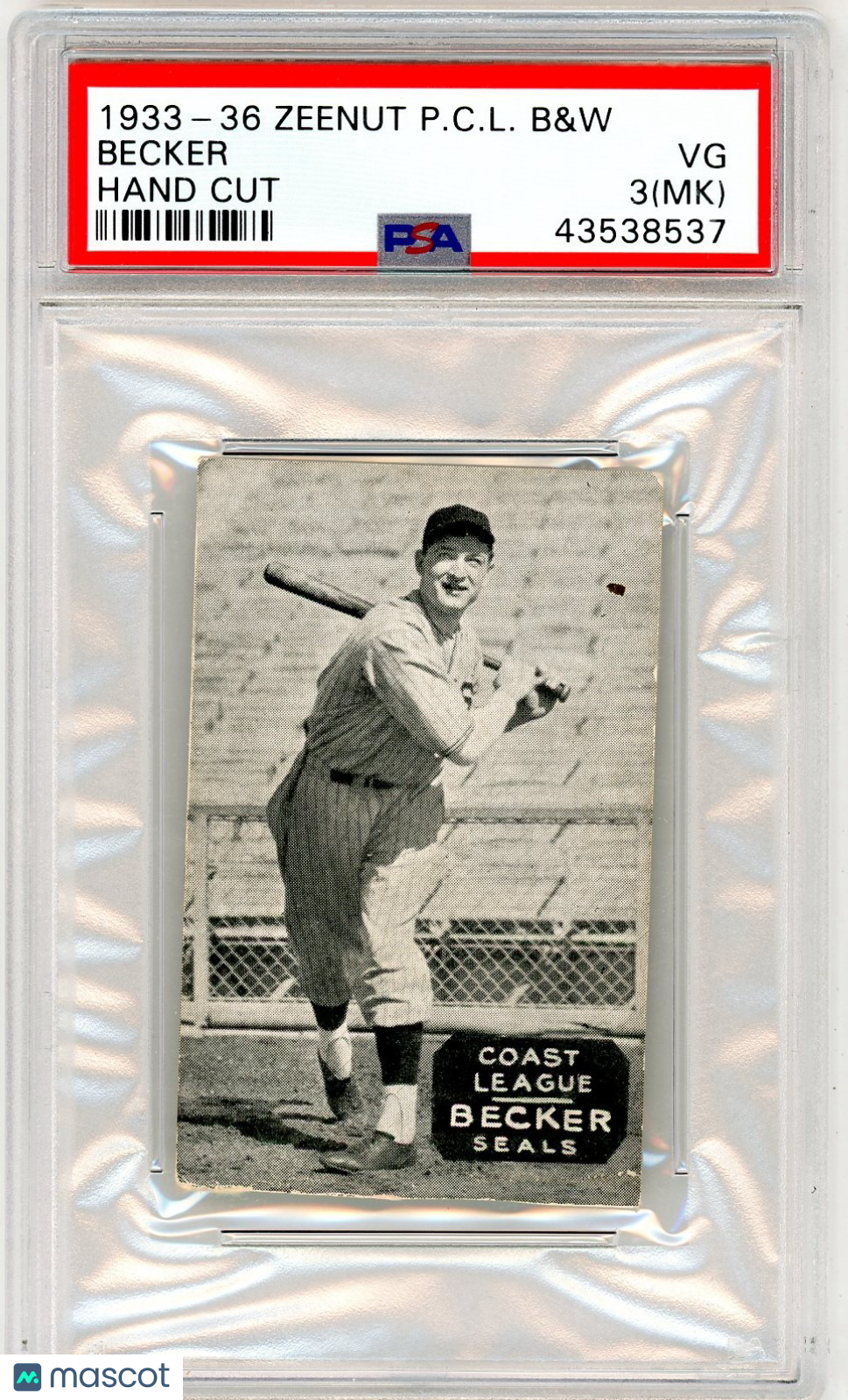 1933-36 Zeenut Pacific Coast League B&W Becker Hand Cut PSA 3 MK