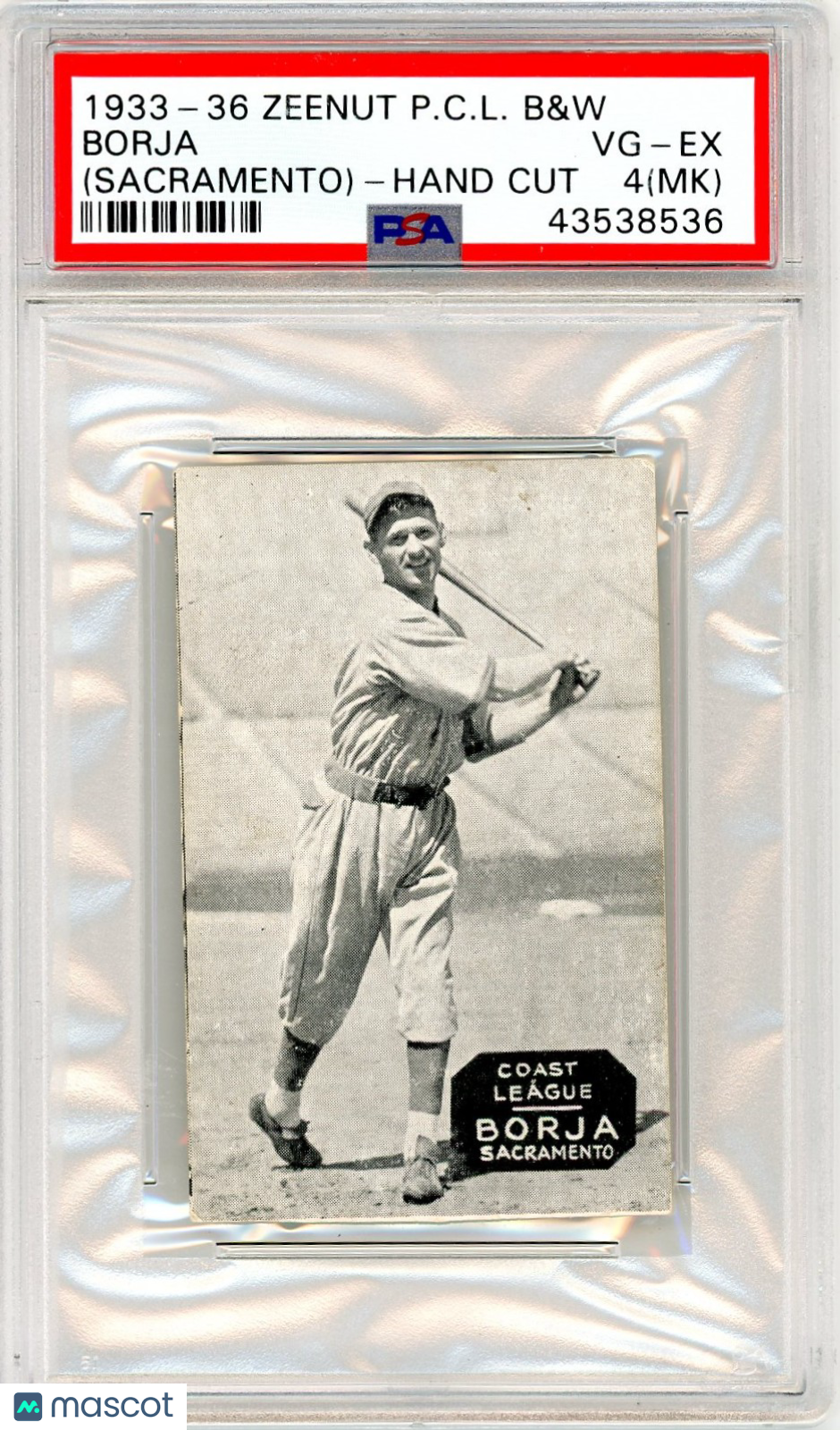 1933-36 Zeenut Pacific Coast League B&W Borja (Sacramento) Hand Cut PSA 4 MK