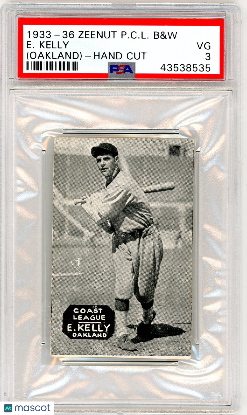 1933-36 Zeenut Pacific Coast League B&W E. Kelly (Oakland) Hand Cut PSA 3