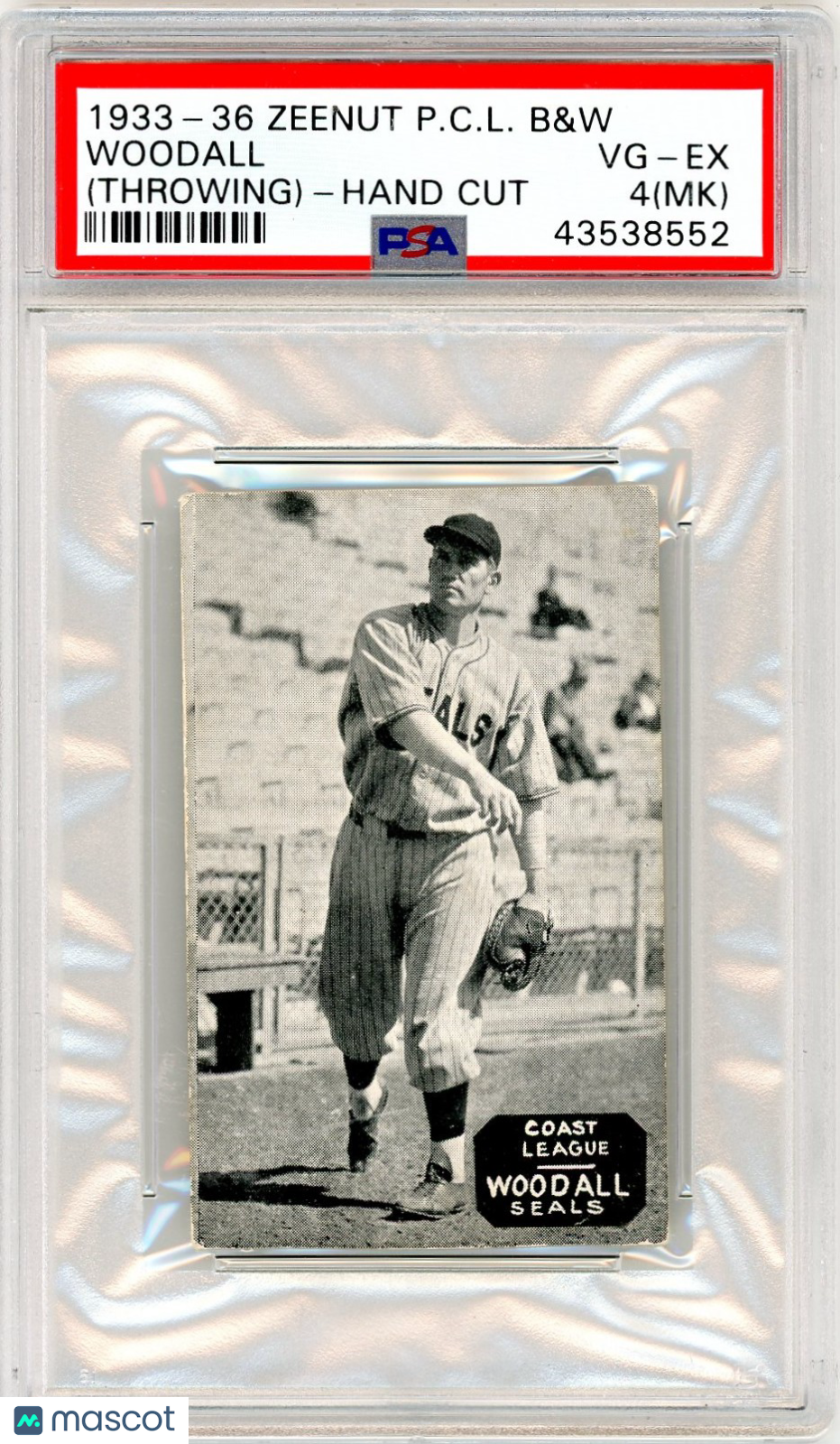 1933-36 Zeenut Pacific Coast League B&W Woodall (Throwing) Hand Cut PSA 4 MK