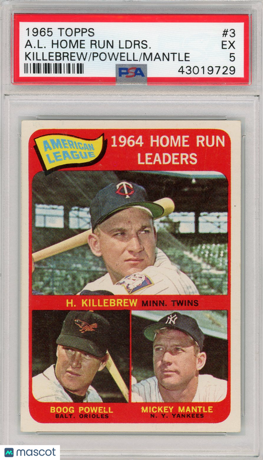 1965 Topps A. L. Home Run Ldrs. #3 Killebrew Powell Mantle PSA 5