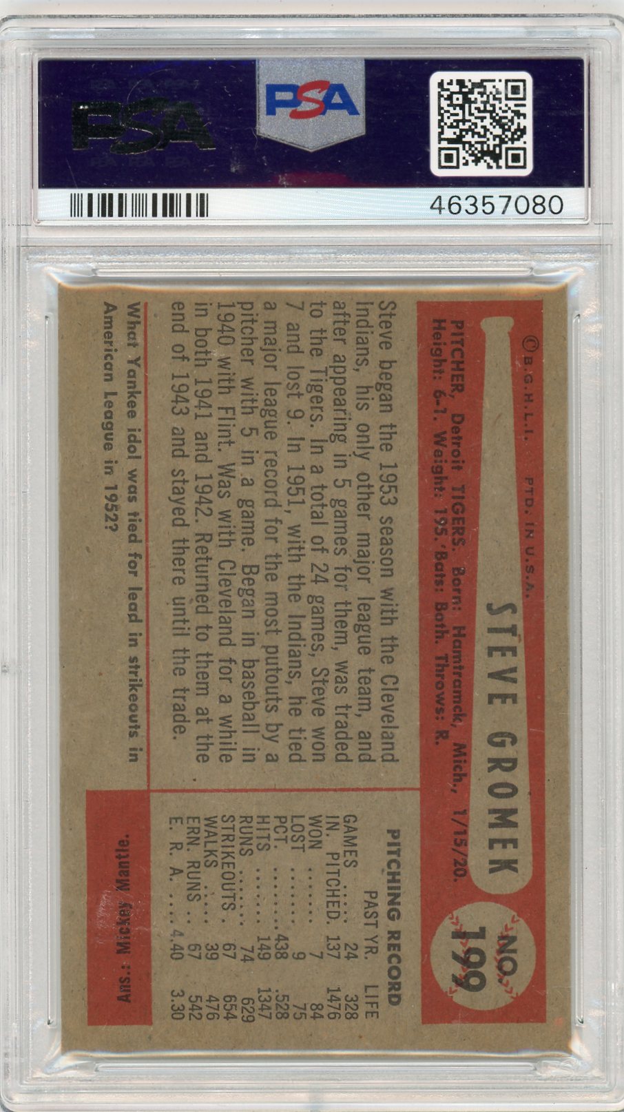 1954 Bowman Steve Gromek #199 PSA 8