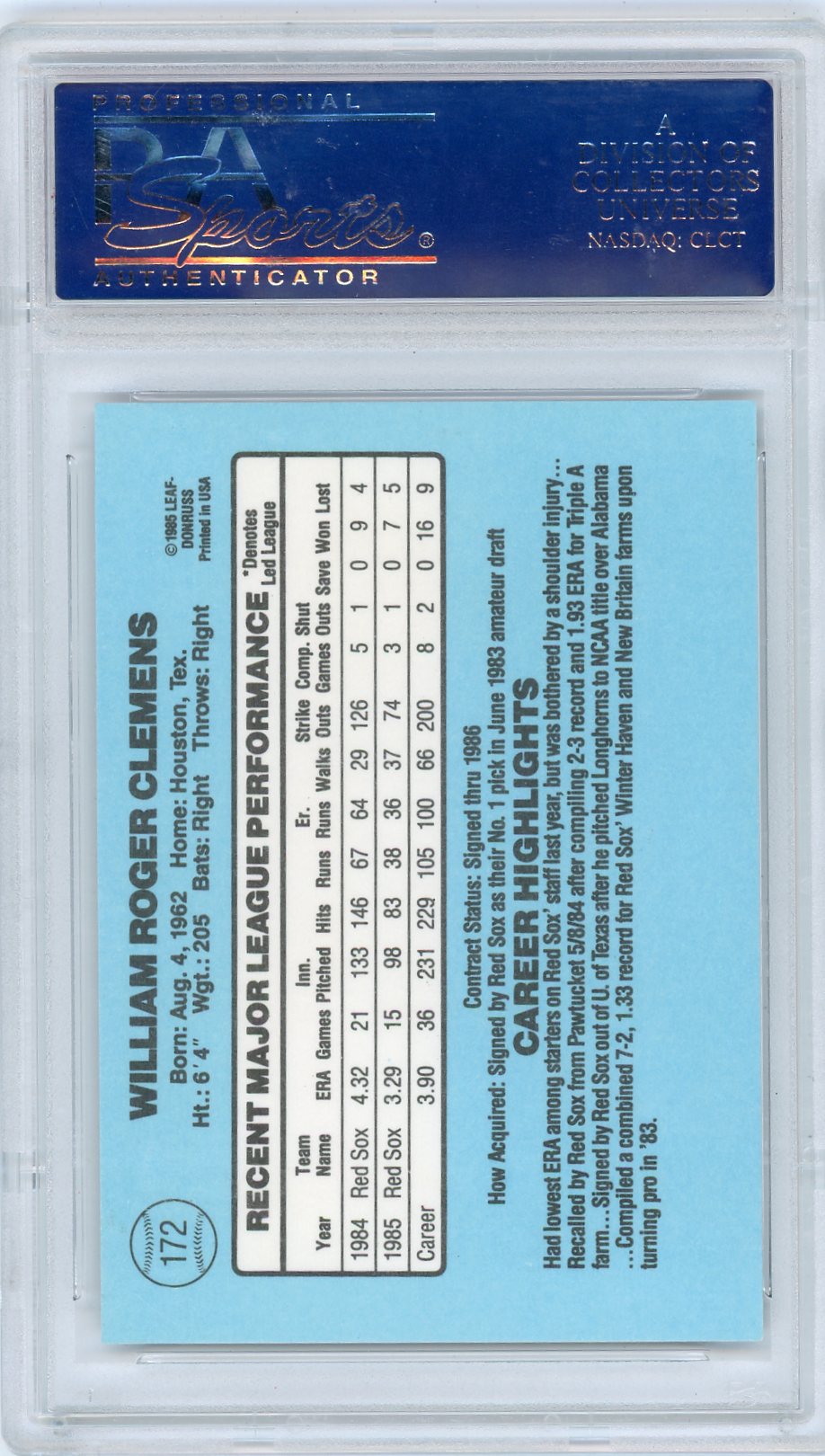 1986 Donruss Roger Clemens #172 PSA 10