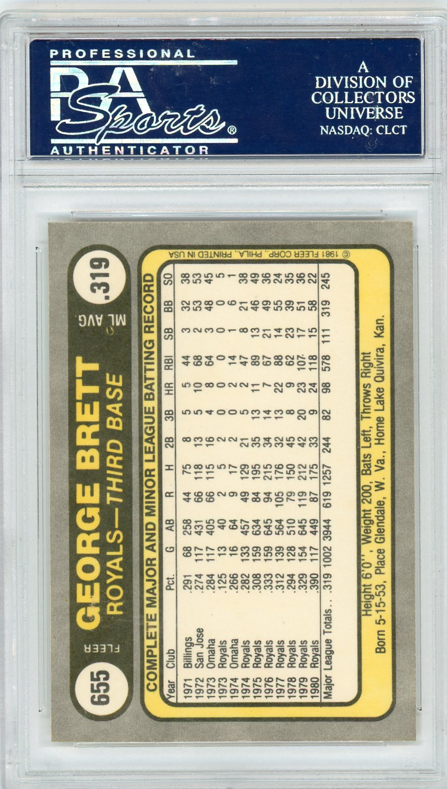 1981 Fleer George Brett #655 PSA 10