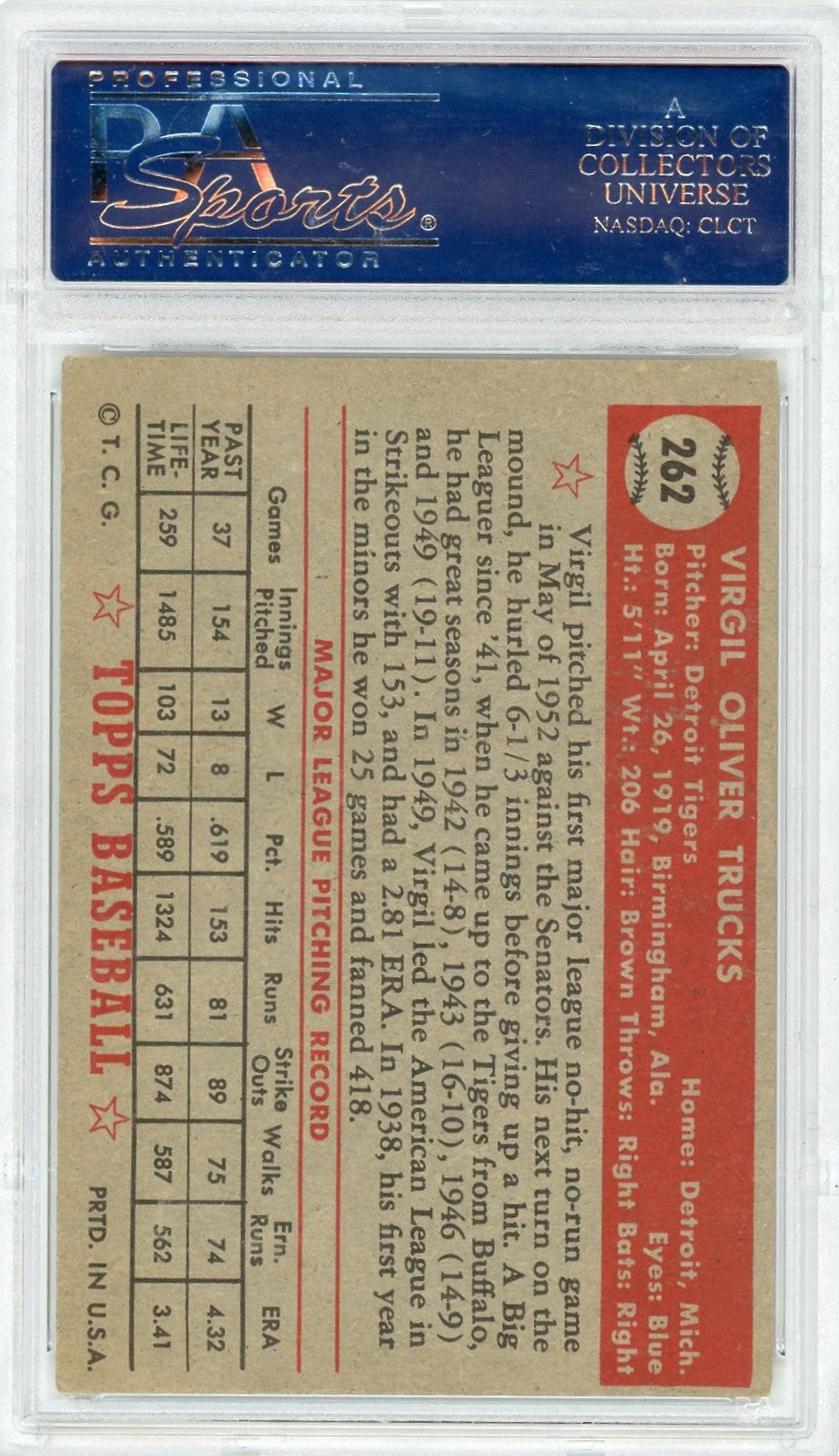 1952 Topps Virgil Trucks #262 PSA 4