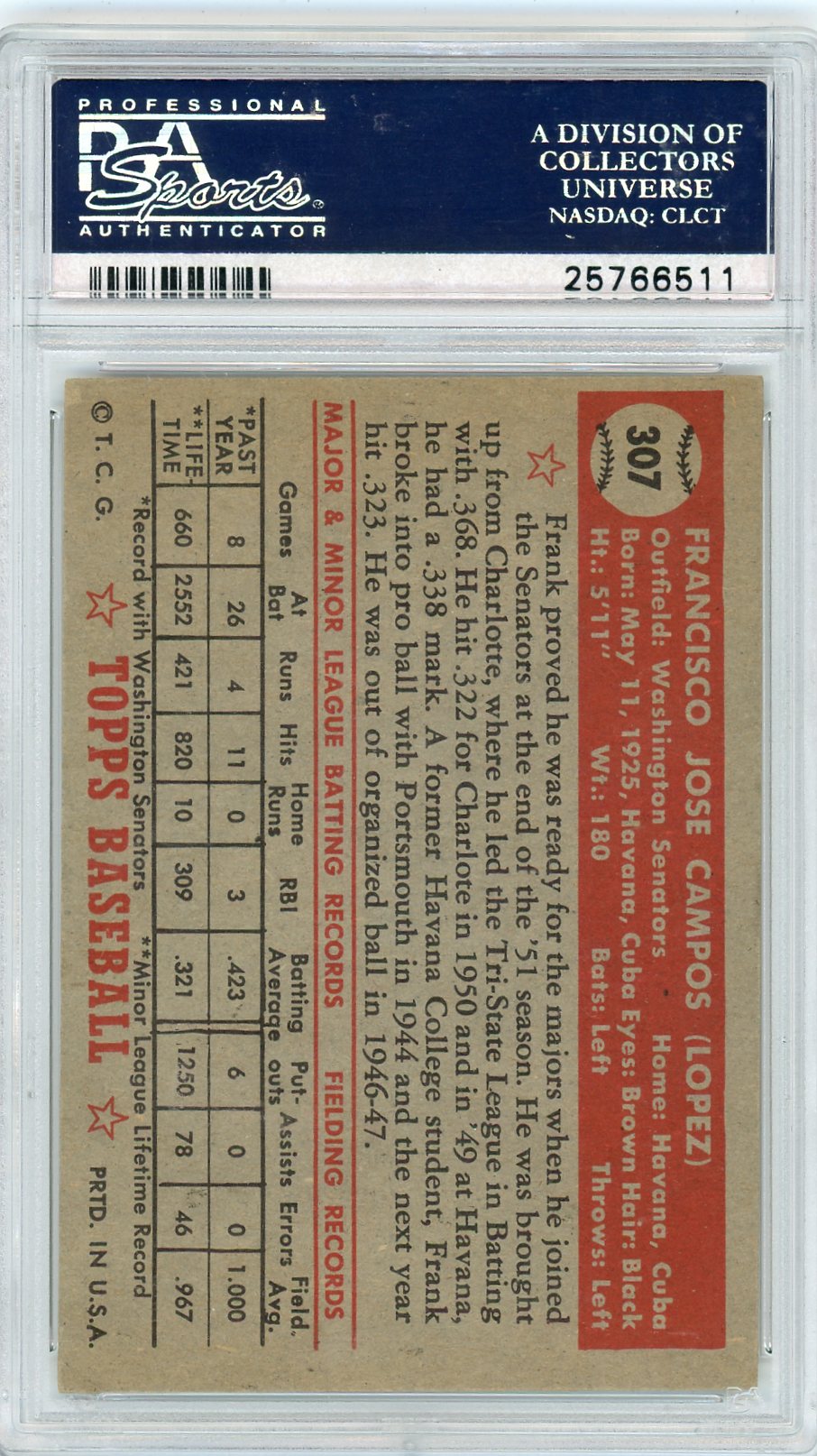 1952 Topps Frank Campos #307 PSA 7