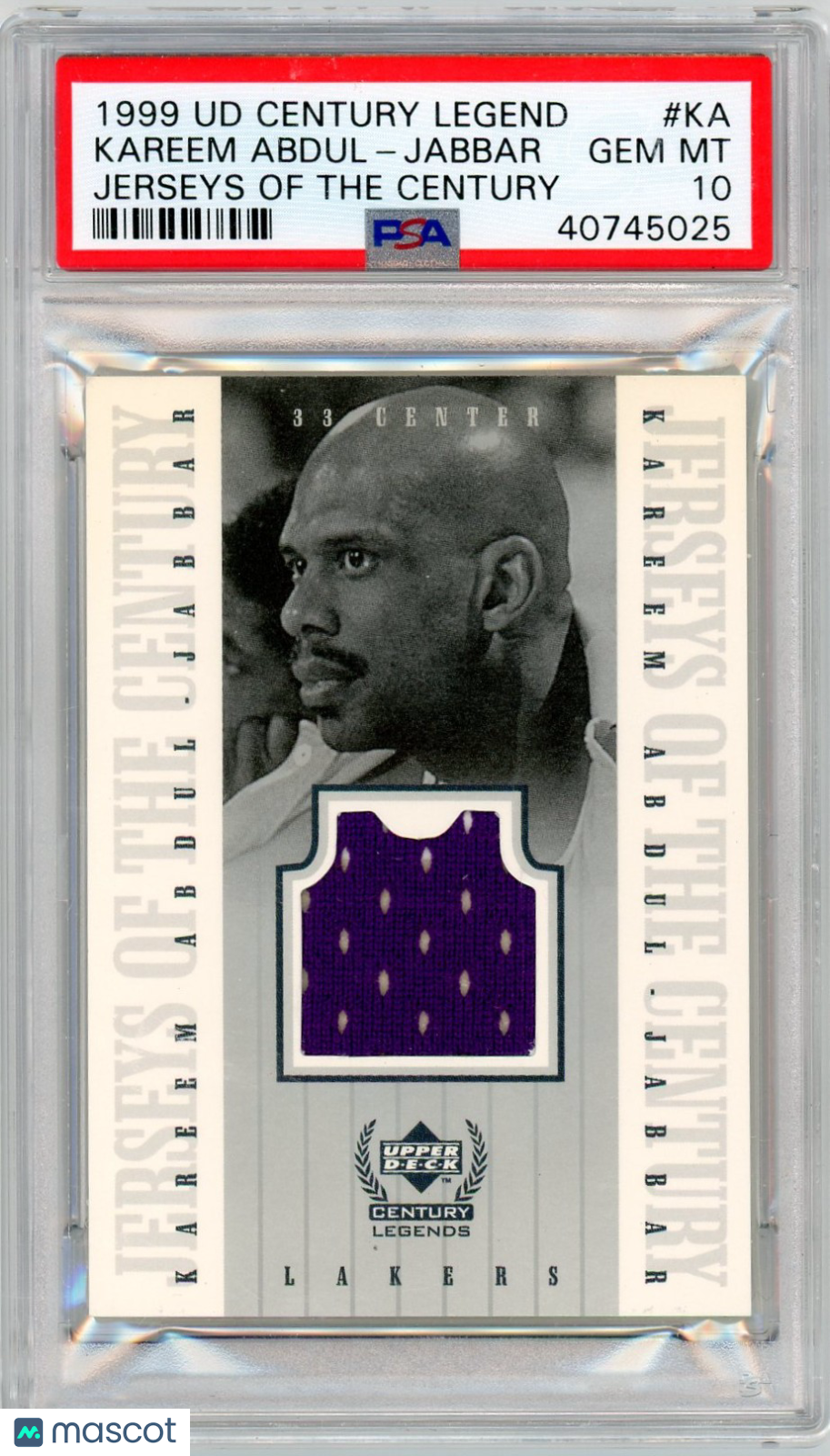 1998 Upper Deck Century Legends Jerseys Century Kareem Abdul-Jabbar #KA PSA 10