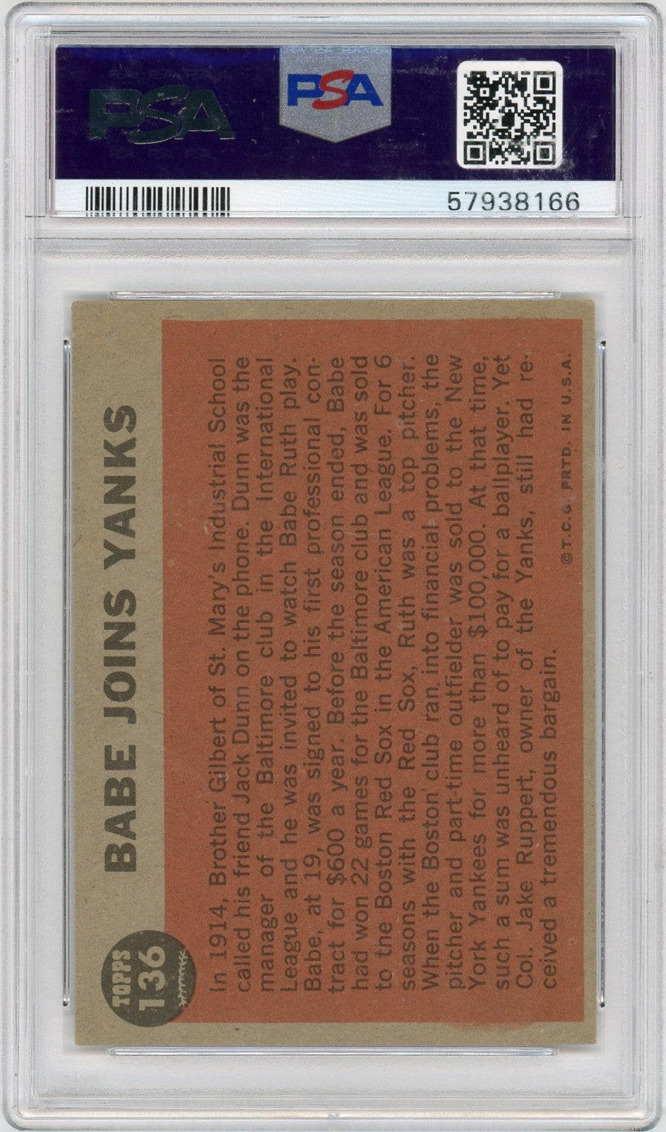 1962 Topps Babe Joins Yanks #136 Green Tint PSA 4