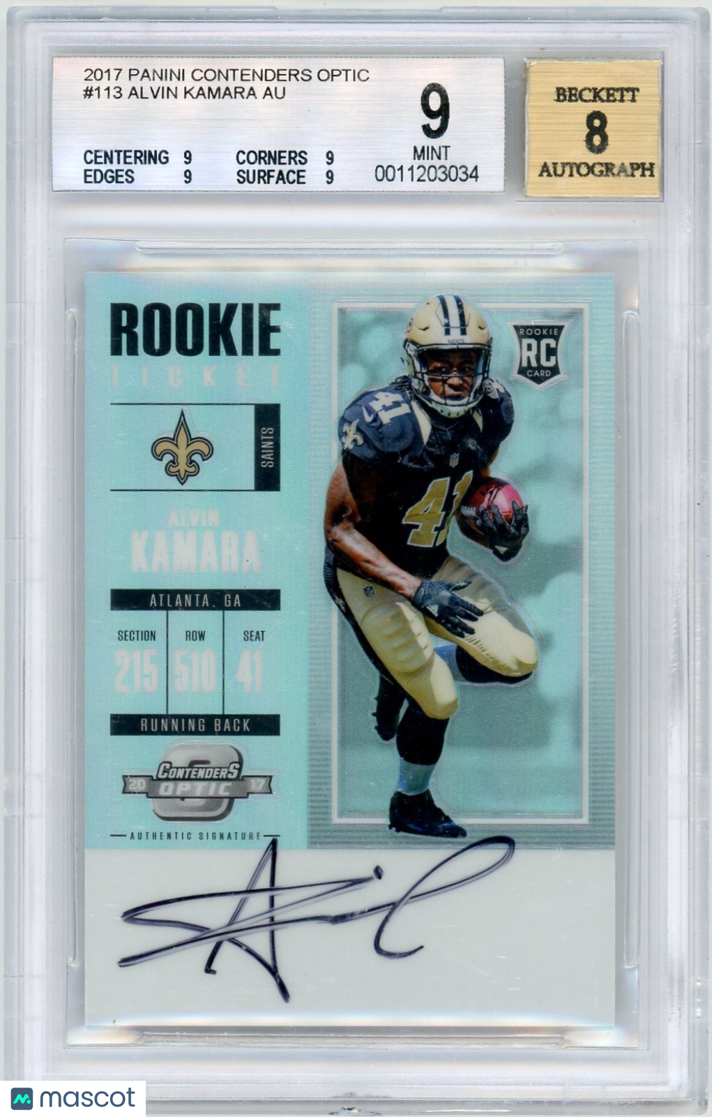 2017 Panini Contenders Optic Alvin Kamara #113 BGS 9 Rookie Auto 8