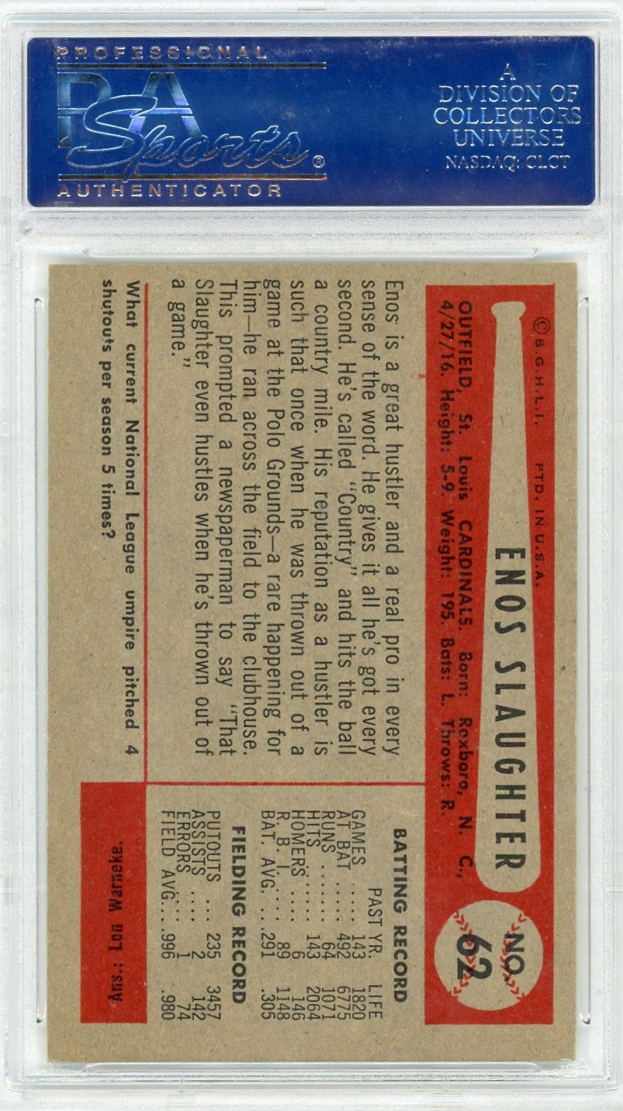 1954 Bowman Enos Slaughter #62 PSA 6