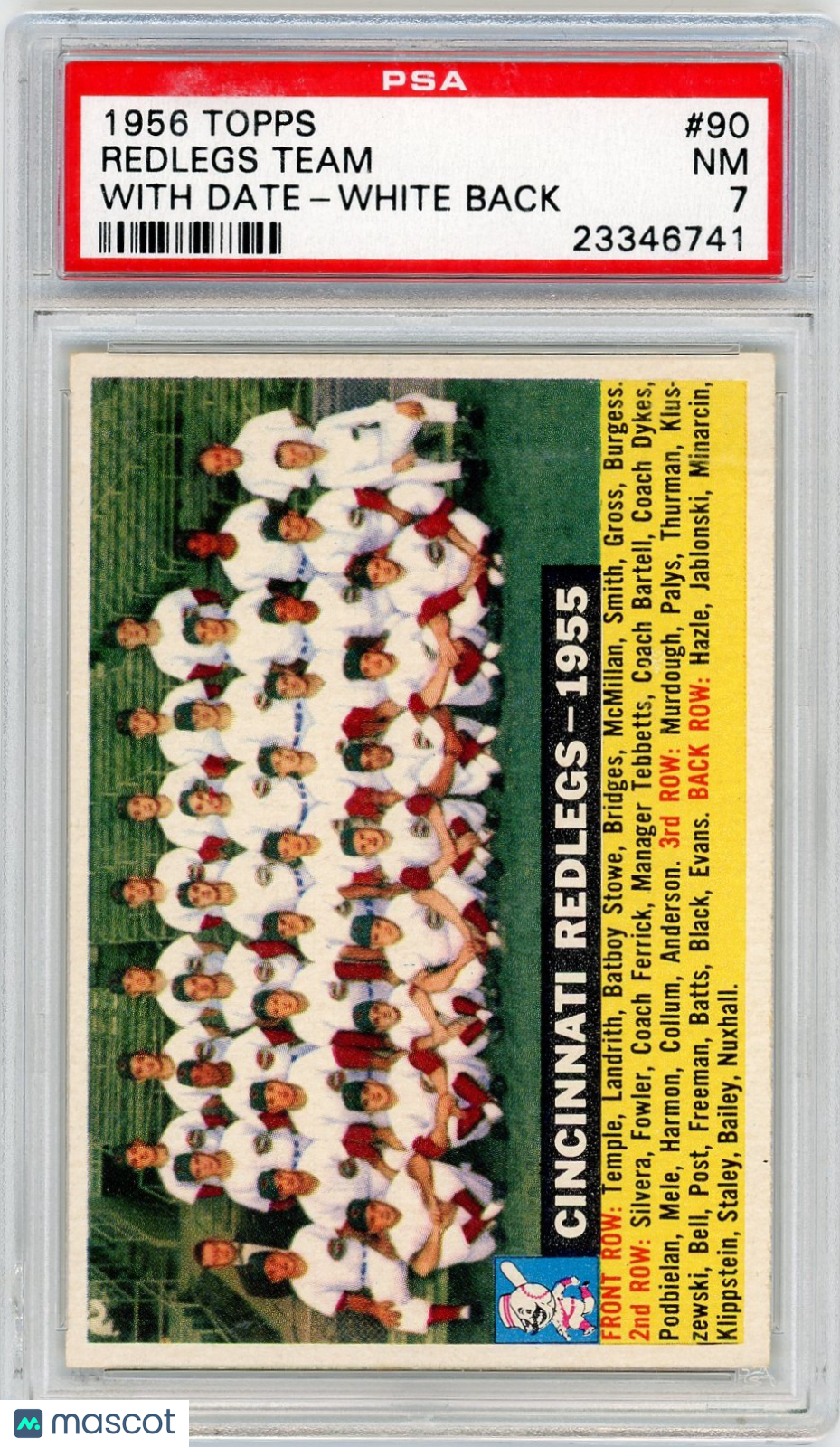 1956 Topps Redlegs Team #90 With Date White Back PSA 7