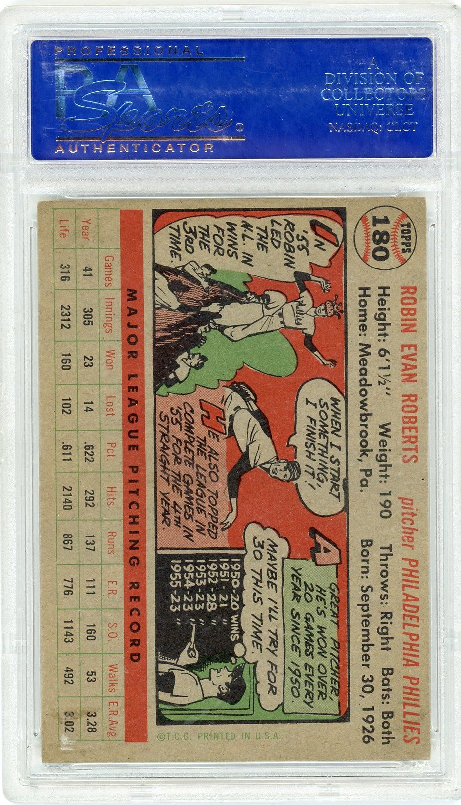 1956 Topps Robin Roberts #180 Gray Back PSA 7