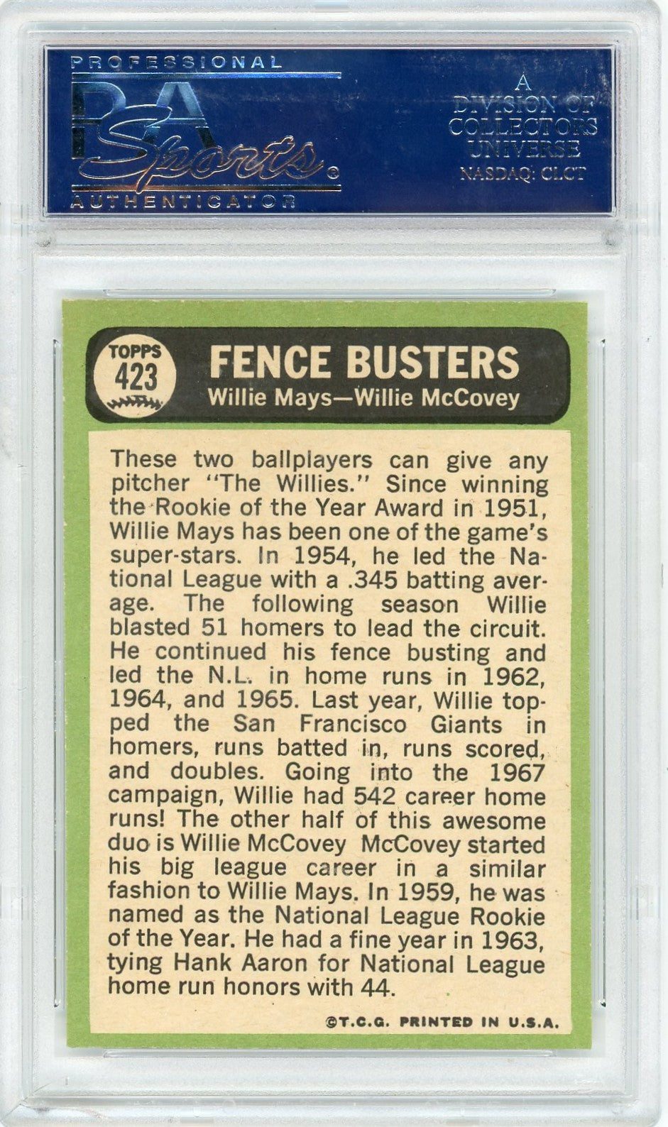 1967 Topps Fence Busters #423 W. Mays W. Mccovey PSA 8
