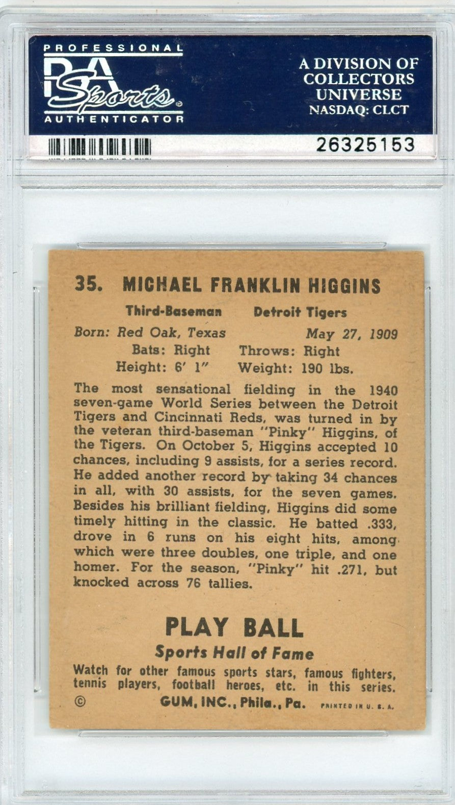 1941 Play Ball Pinky Higgins #35 PSA 7