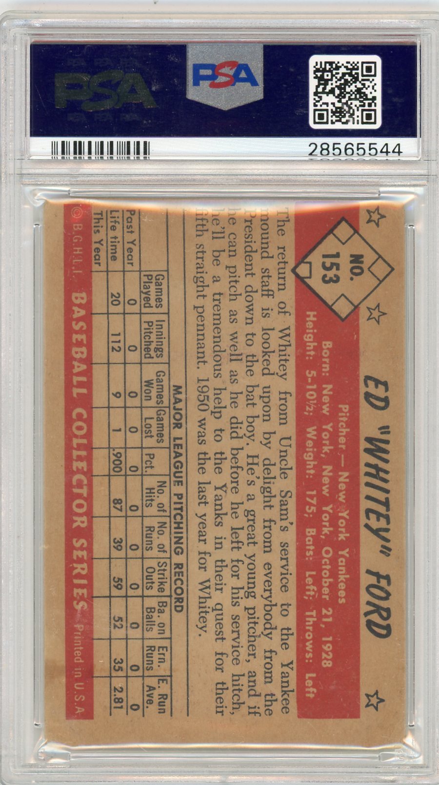 1953 Bowman Color Whitey Ford #153 PSA 3