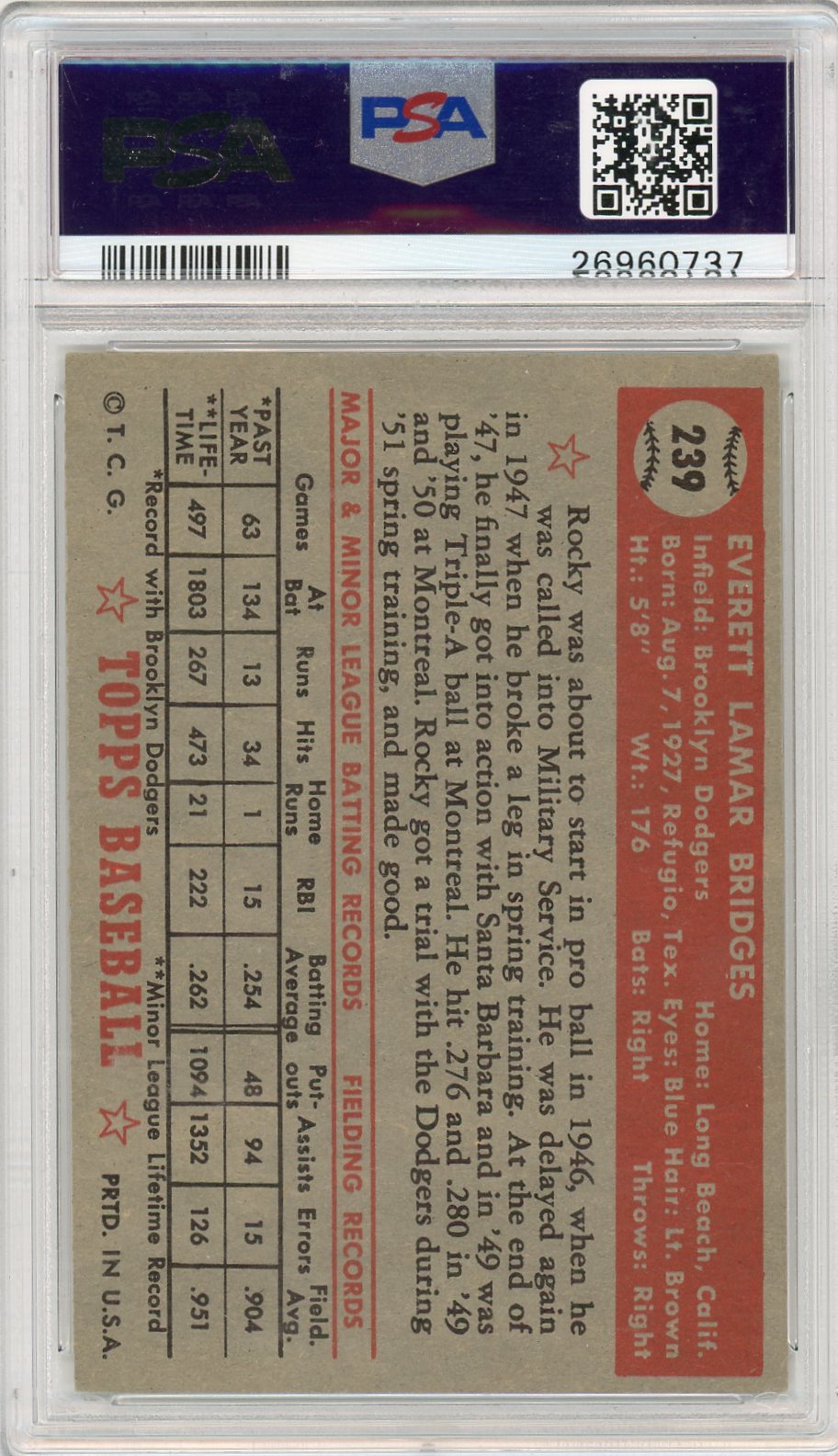 1952 Topps Rocky Bridges #239 PSA 5