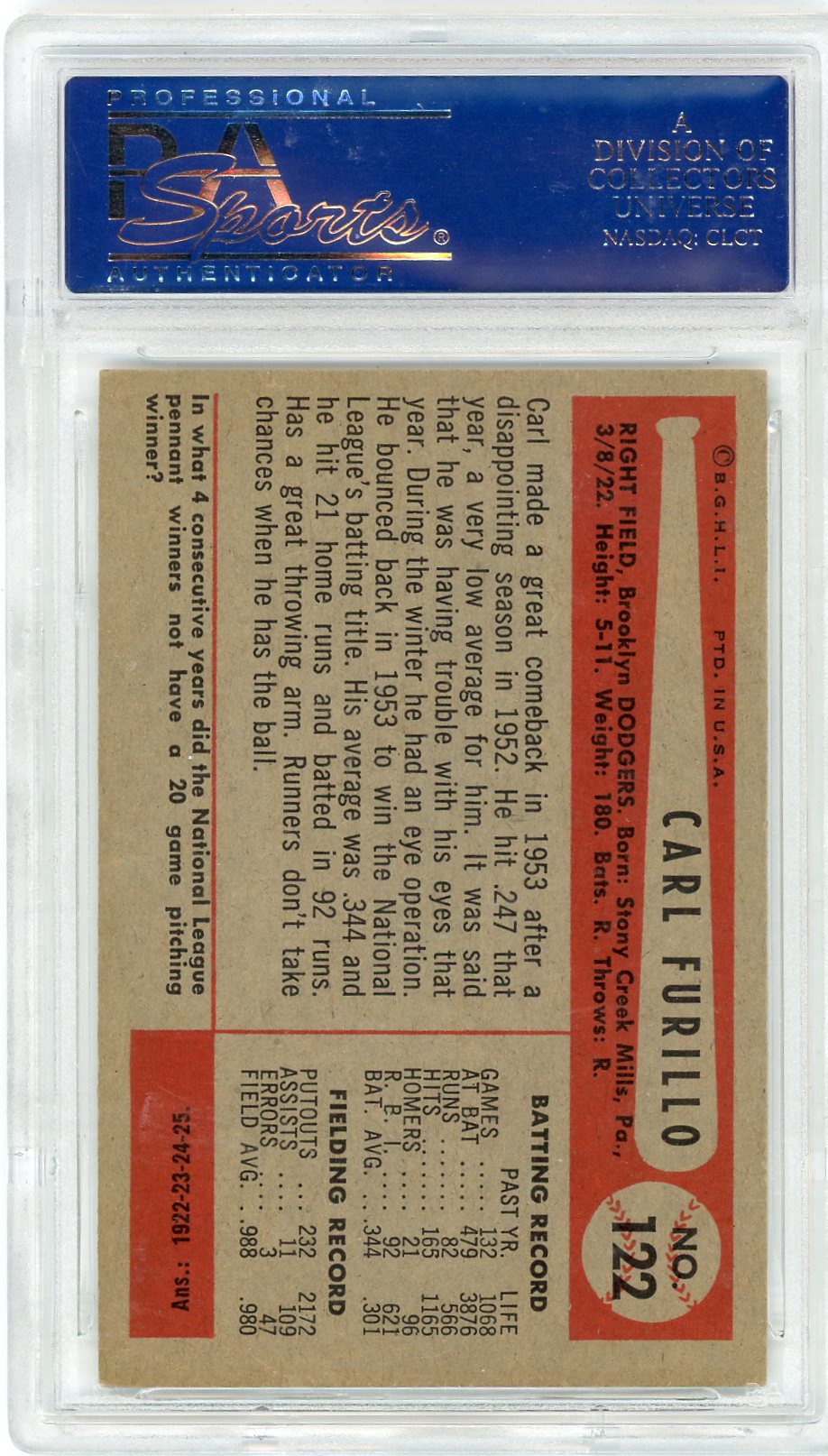 1954 Bowman Carl Furillo #122 PSA 7
