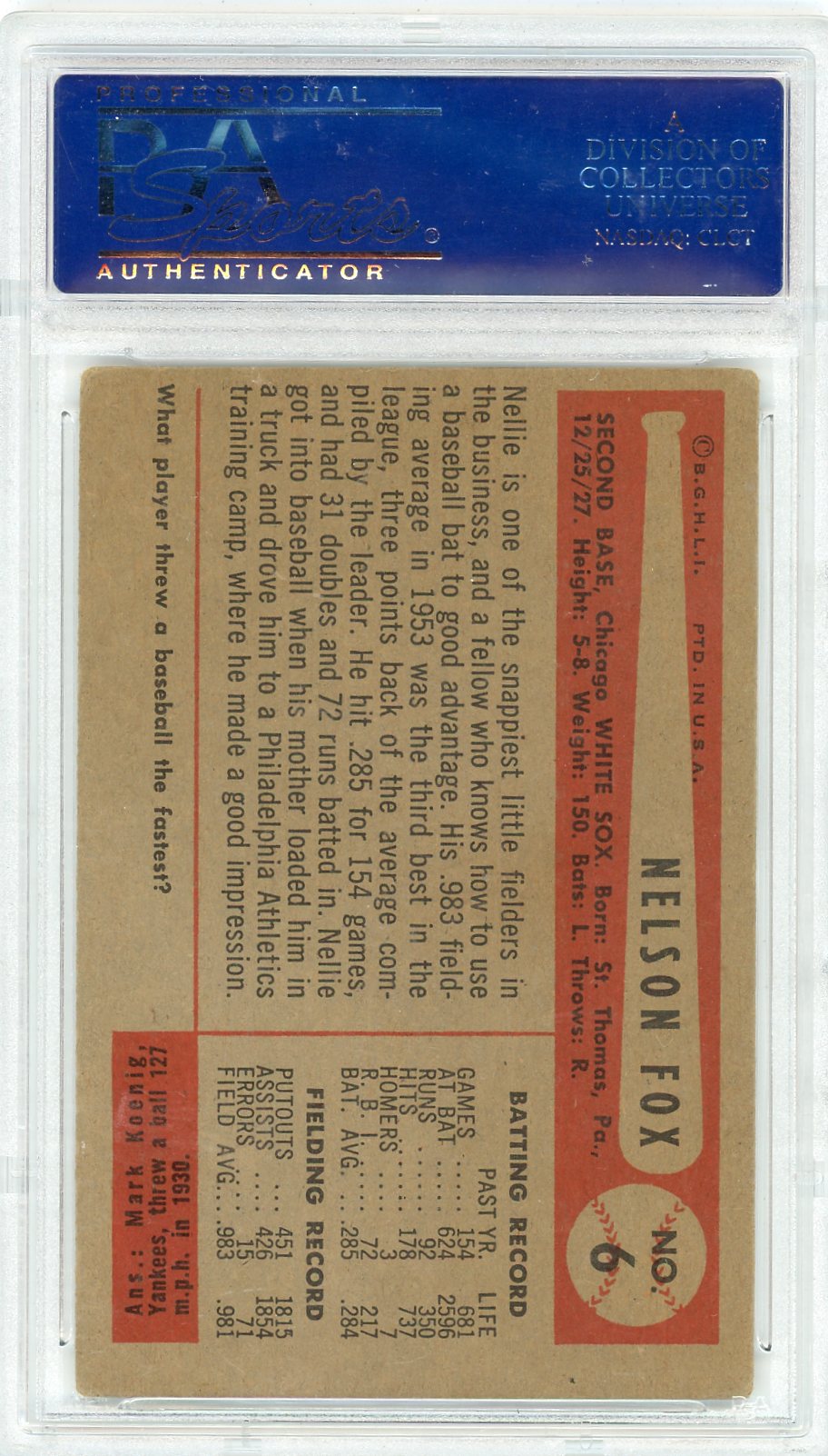 1954 Bowman Nellie Fox #6 PSA 4