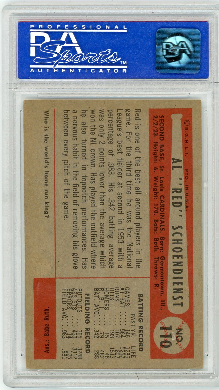 1954 Bowman Red Schoendienst #110 PSA 6