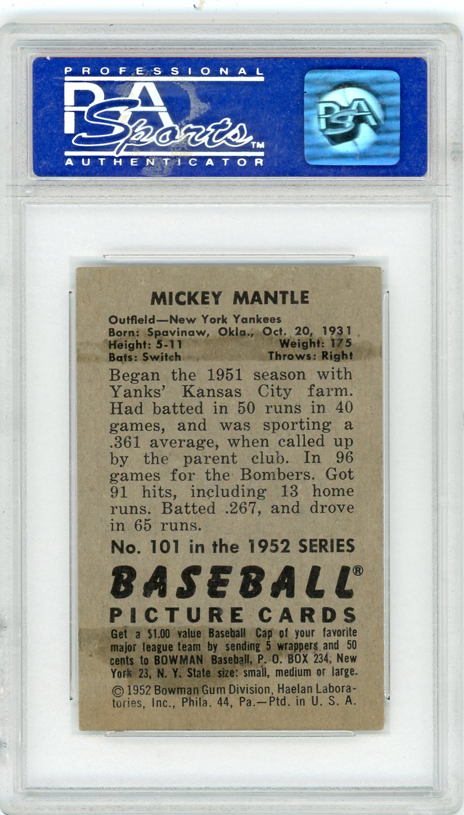 1952 Bowman Mickey Mantle #101 PSA 5