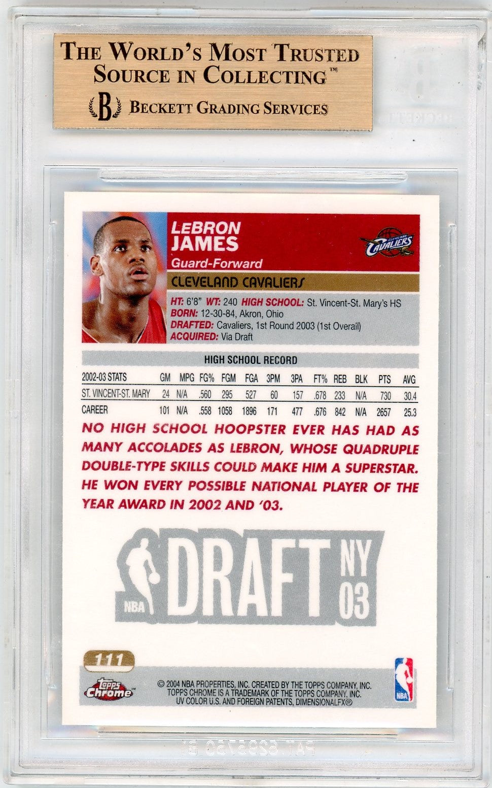 2003 Topps Chrome LeBron James #111 BGS 9.5 Rookie