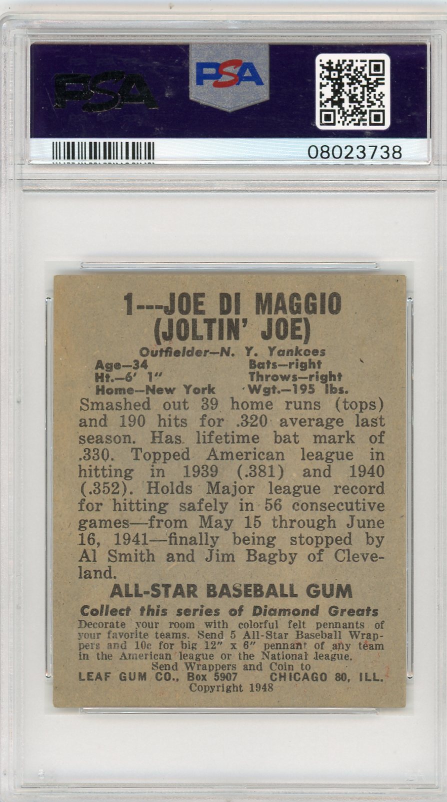 1948 Leaf Joe DI Maggio #1 PSA 6
