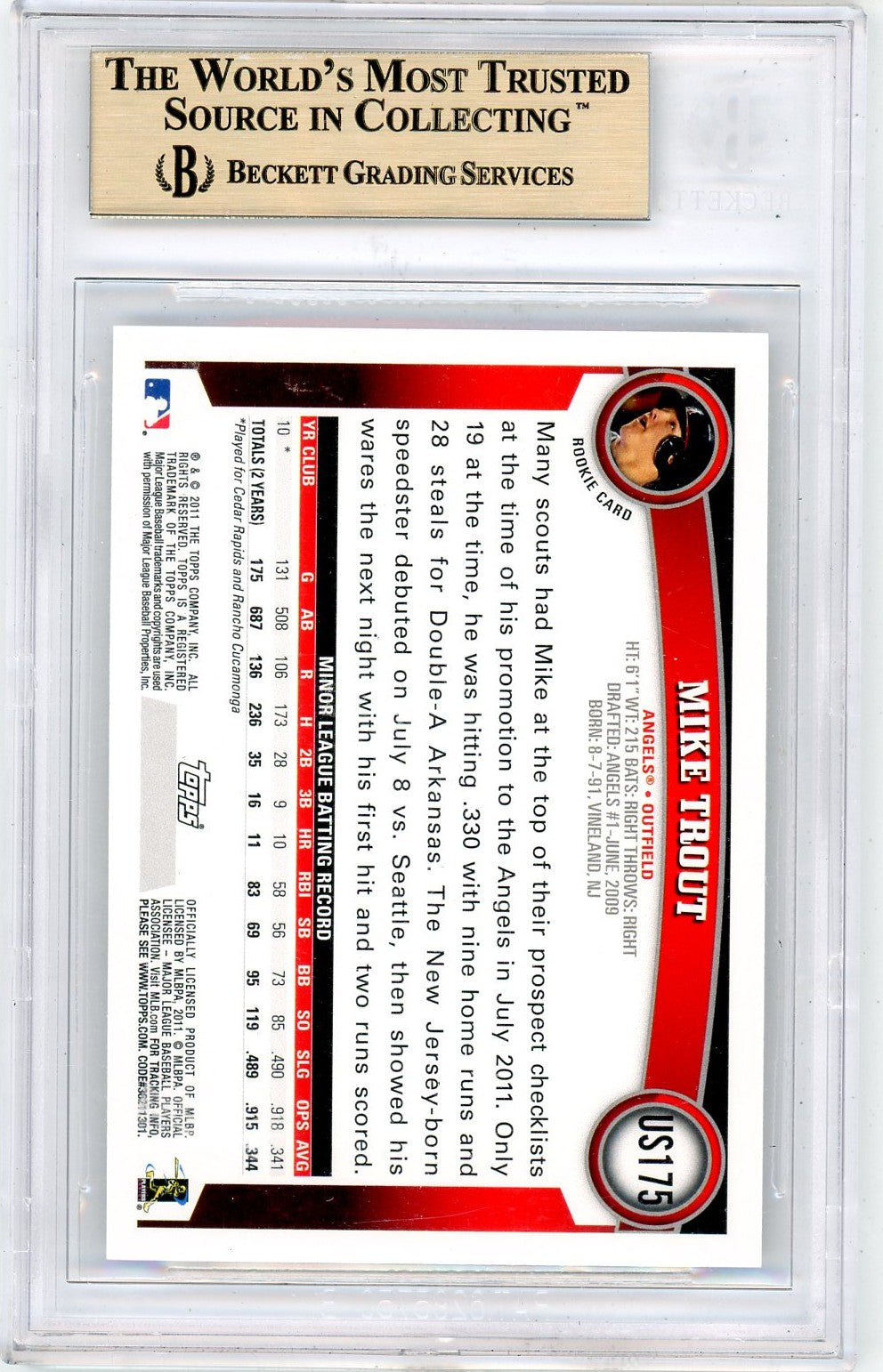 2011 Topps Update Mike Trout #US175 BGS 9.5 Rookie