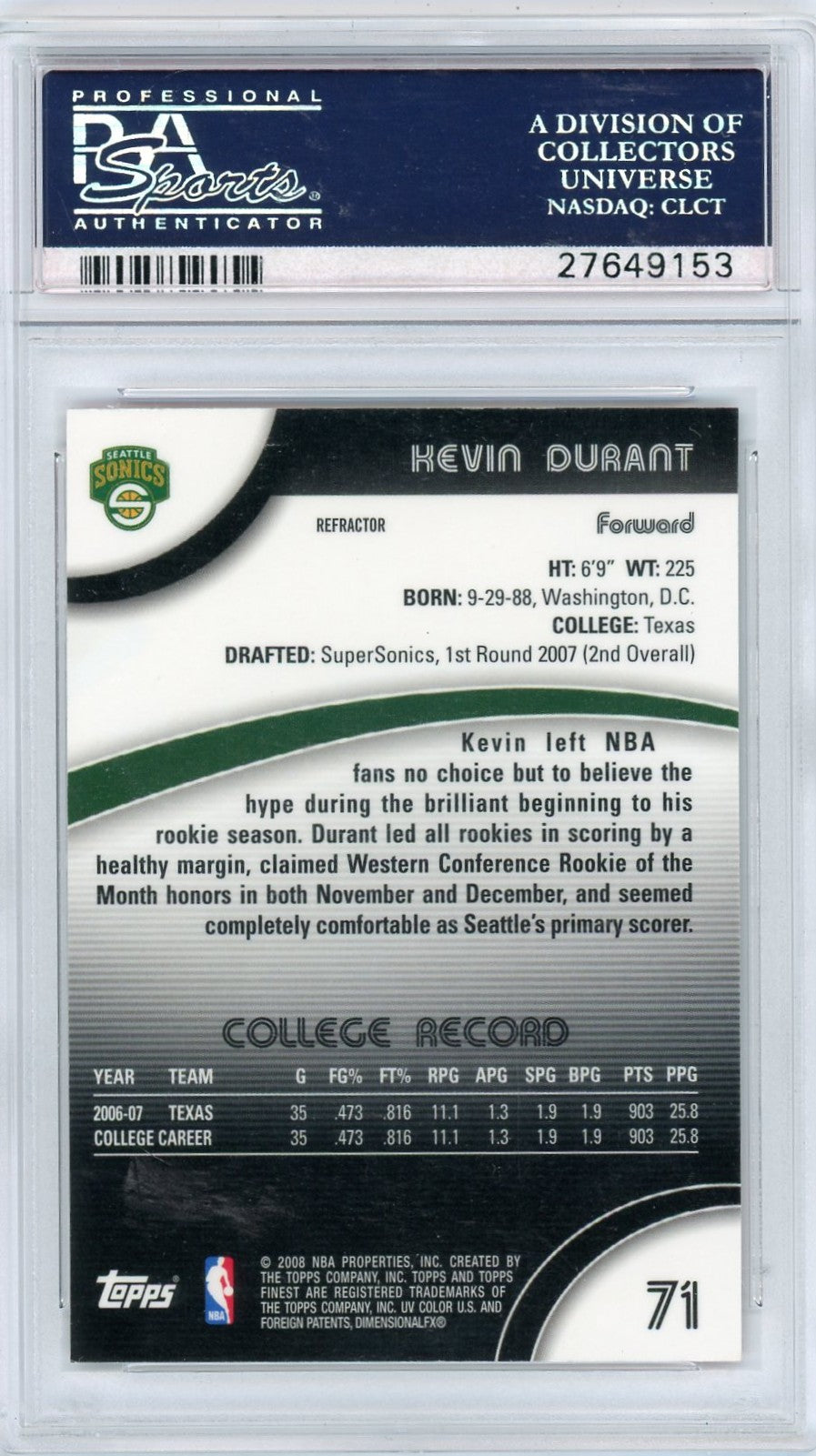 2007 Finest Kevin Durant #71 Refractor PSA 10