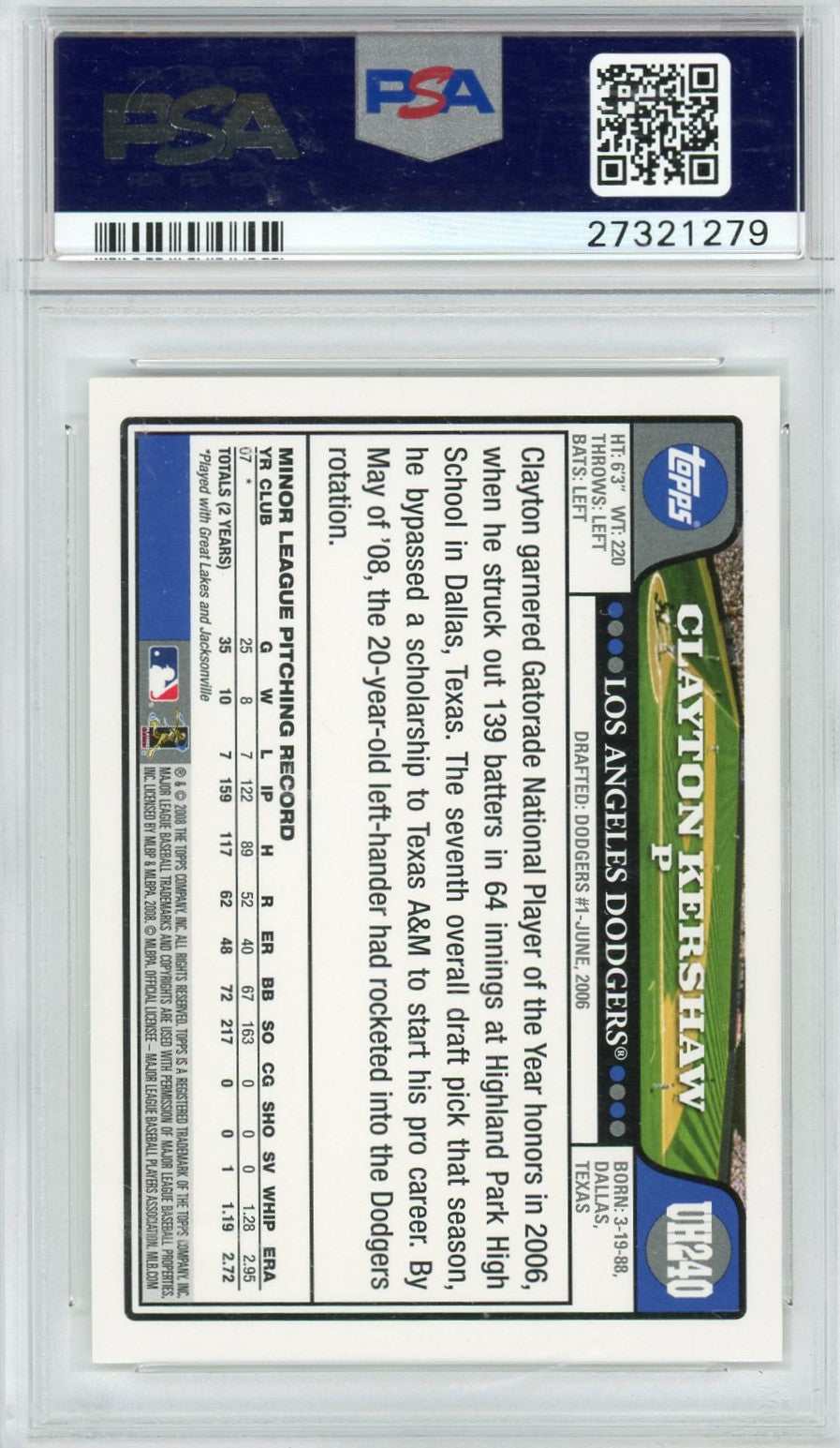 2008 Topps Update & Highlights Clayton Kershaw #UH240 PSA 10