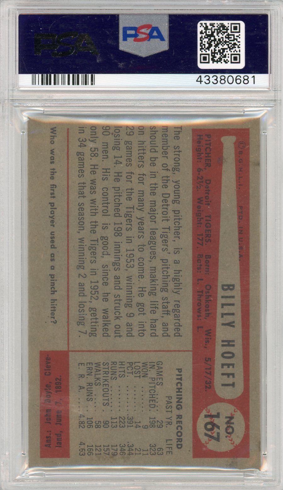 1954 Bowman Bill Hoeft #167 PSA 8
