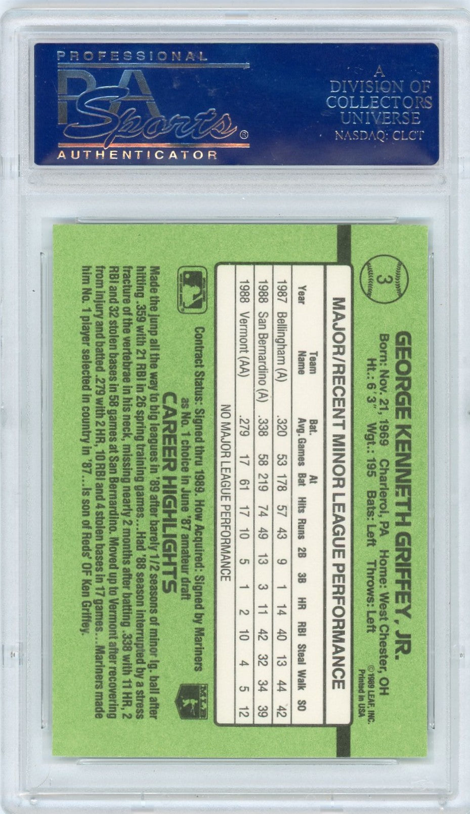 1989 Donruss Rookies Ken Griffey JR. #3 PSA 10