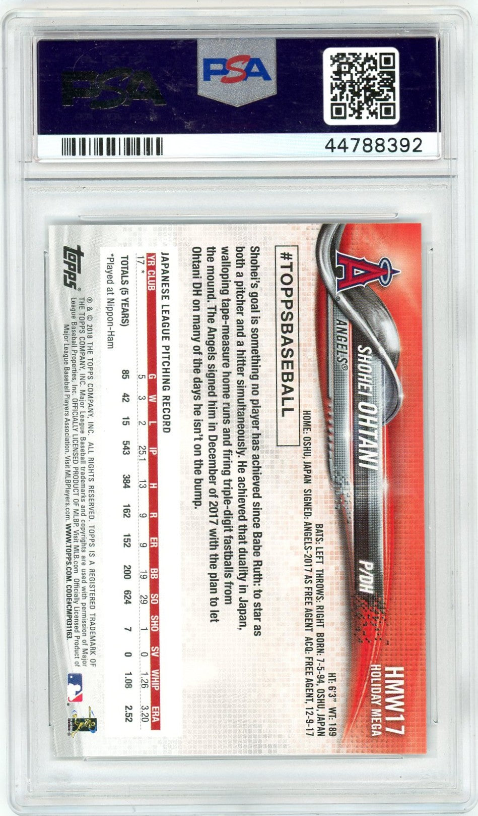 2018 Topps Holiday Shohei Ohtani #17 Metallic Snowflake PSA 10