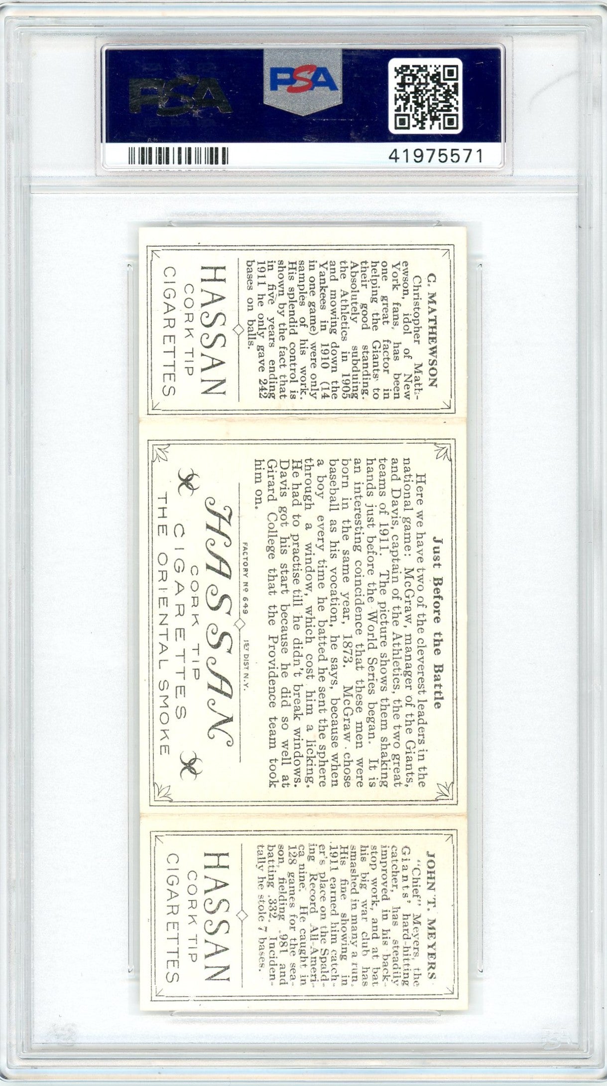 1912 T202 Hassan Triple Folder Mathewson Meyers Just Before The Battle PSA 6