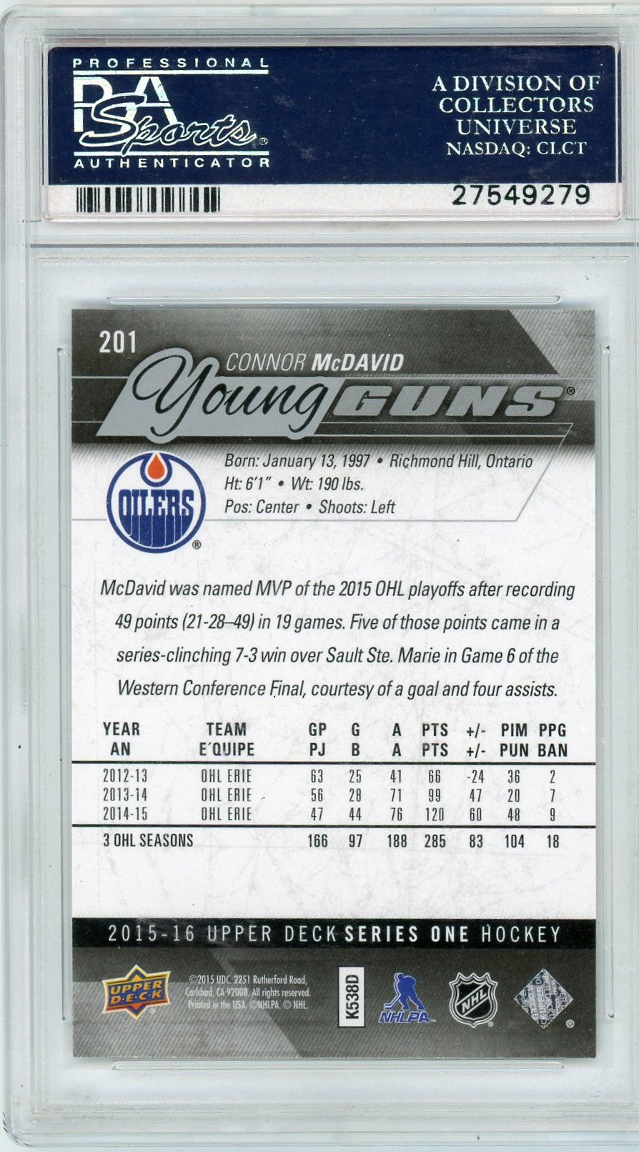 2015 Upper Deck Connor McDavid #201 PSA 10