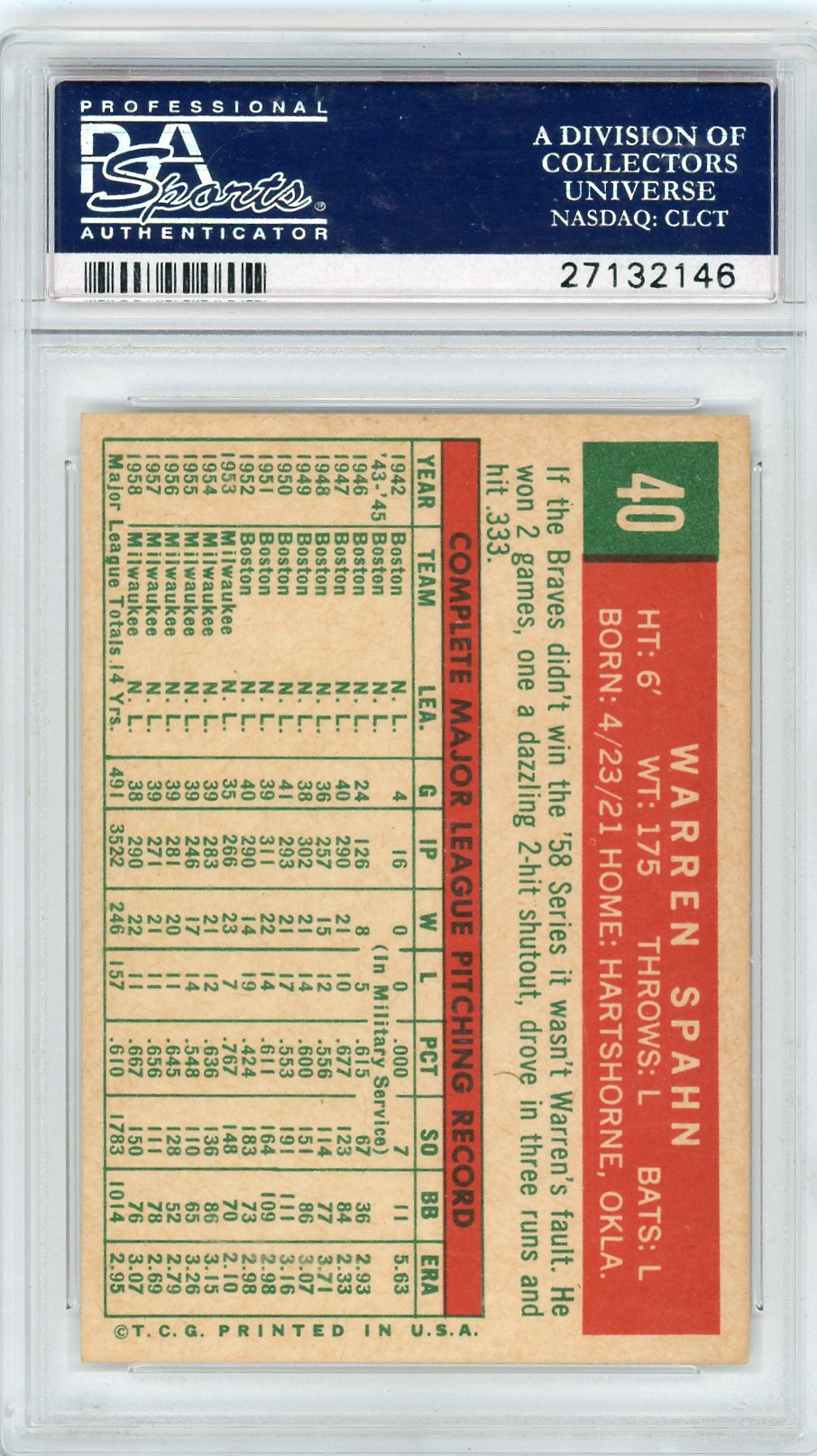 1959 Topps Warren Spahn #40 Born In 1921 PSA 8
