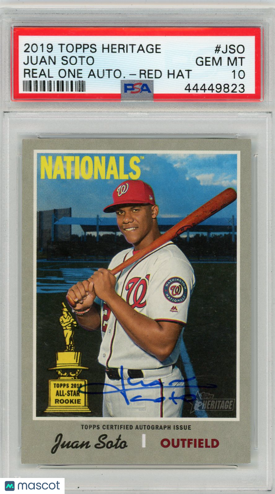 2019 Topps Heritage Real One Autographs Juan Soto #JSO Red Hat PSA 10